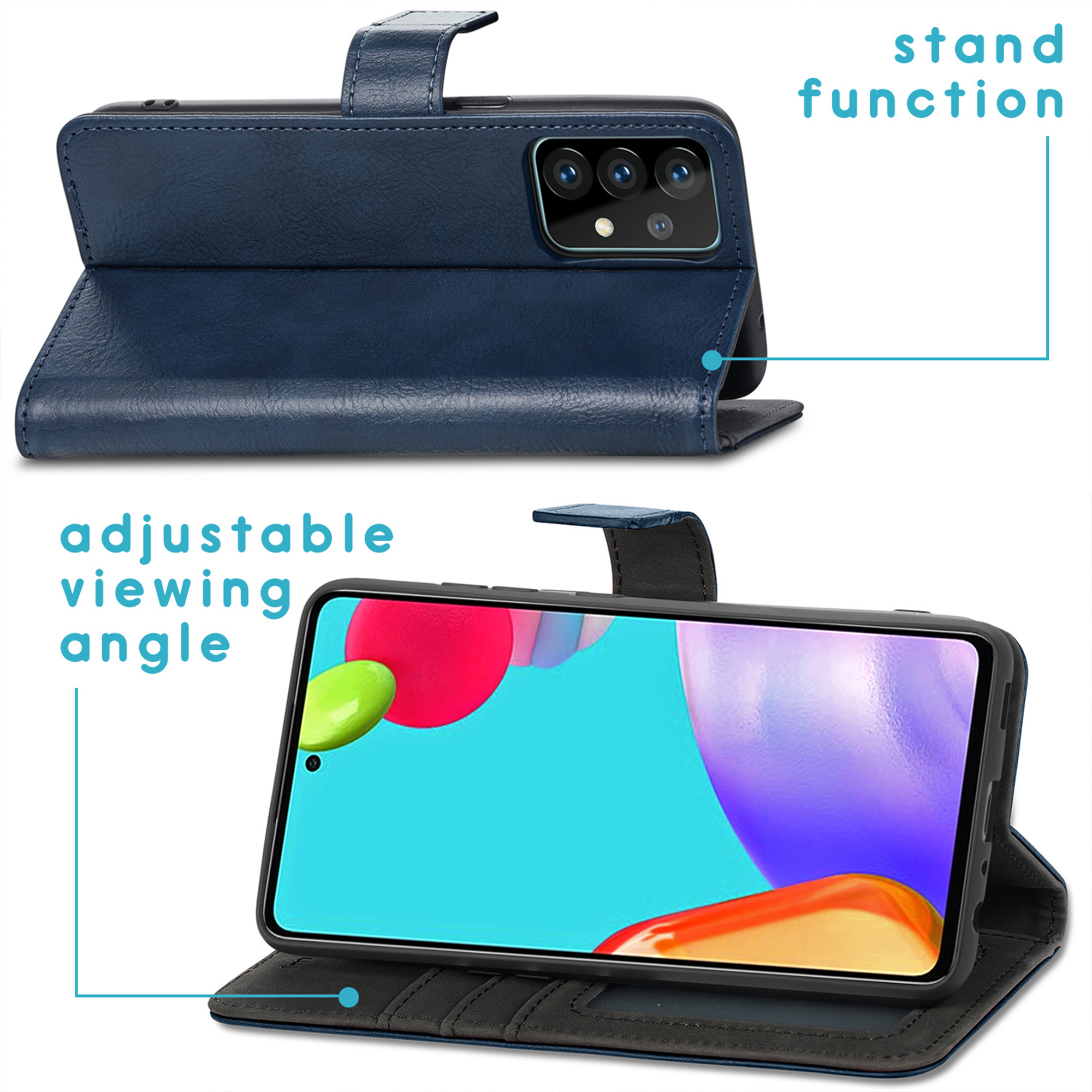 Blauw telefoonhoesje met standaardfunctie en verstelbare kijkhoek.