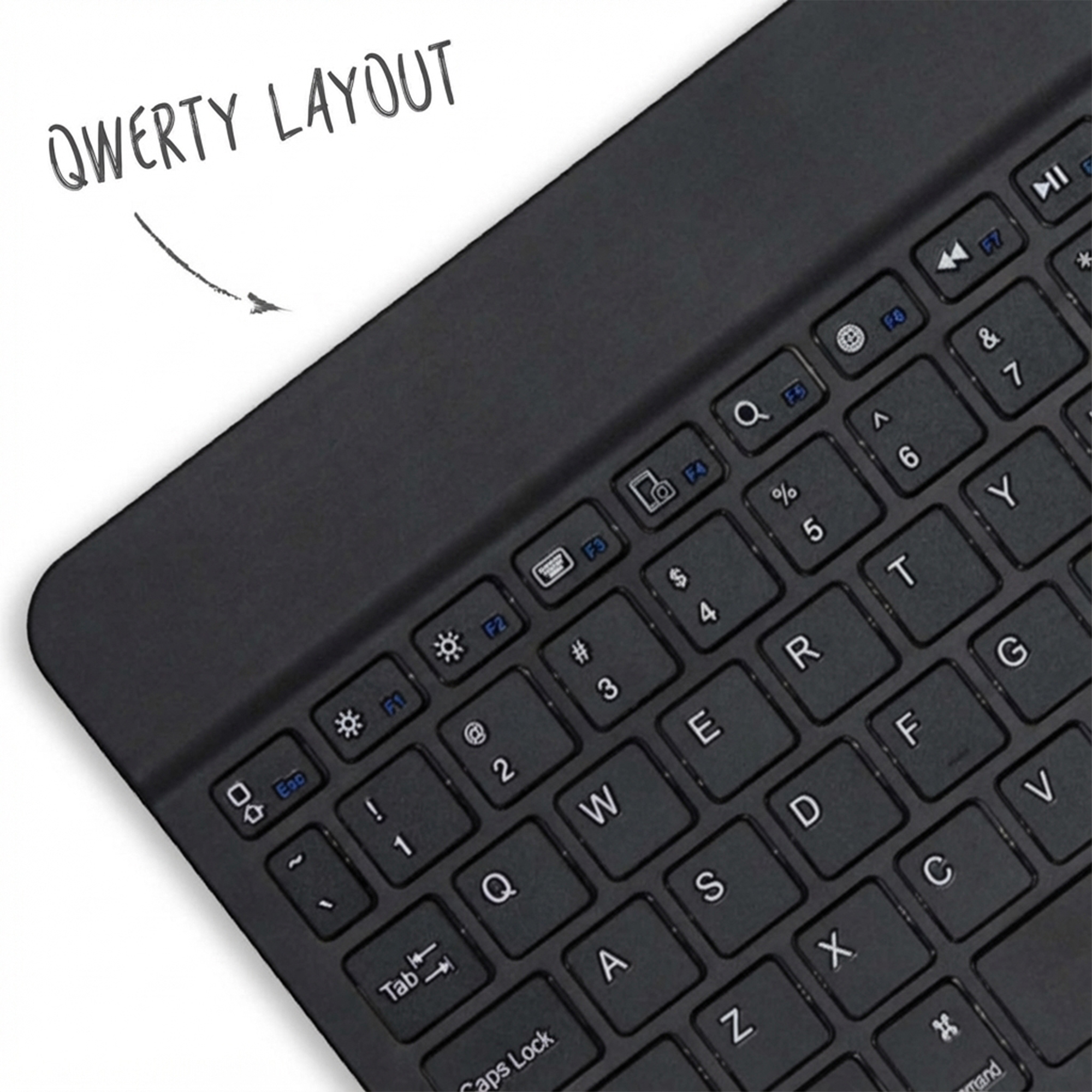 Close-up of a black keyboard with QWERTY layout and function keys.