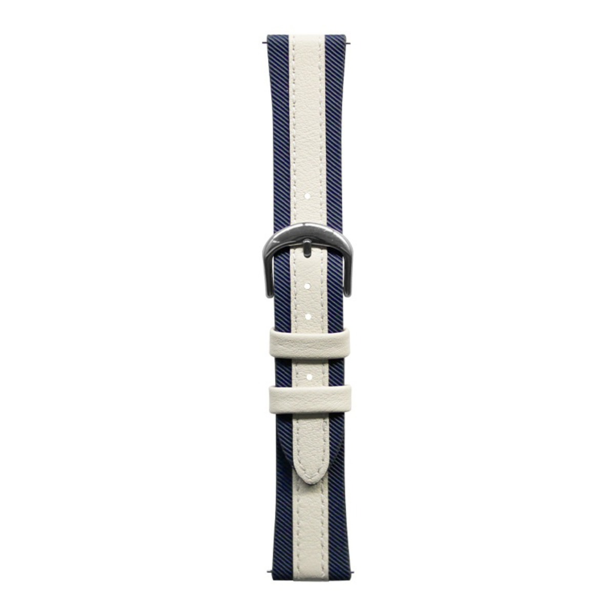 Ein dunkelblau-weißer gestreifter Uhrenarmband mit einem silbernen Dornschließe.