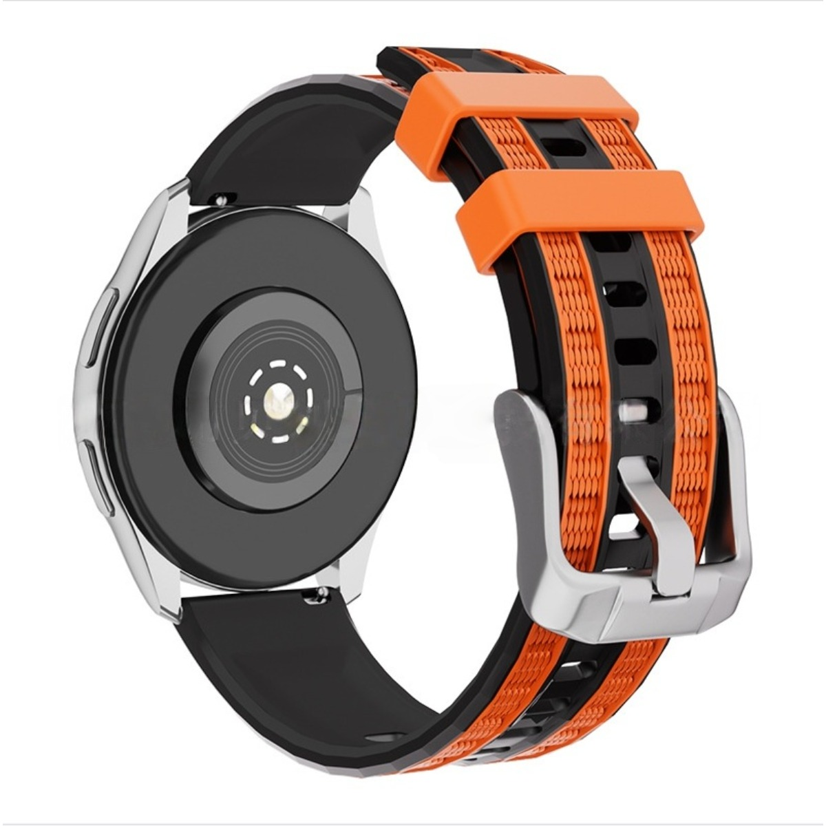 Rückseite einer Smartwatch mit schwarzem Band und orangefarbenen Akzenten.