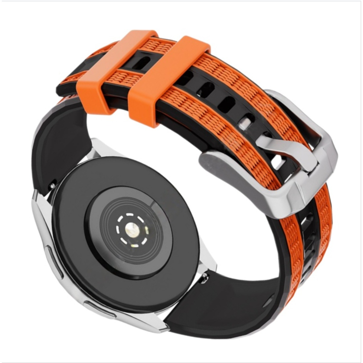 Smartwatch mit orange-schwarzem Armband und Metallschnalle, Rückseite sichtbar.