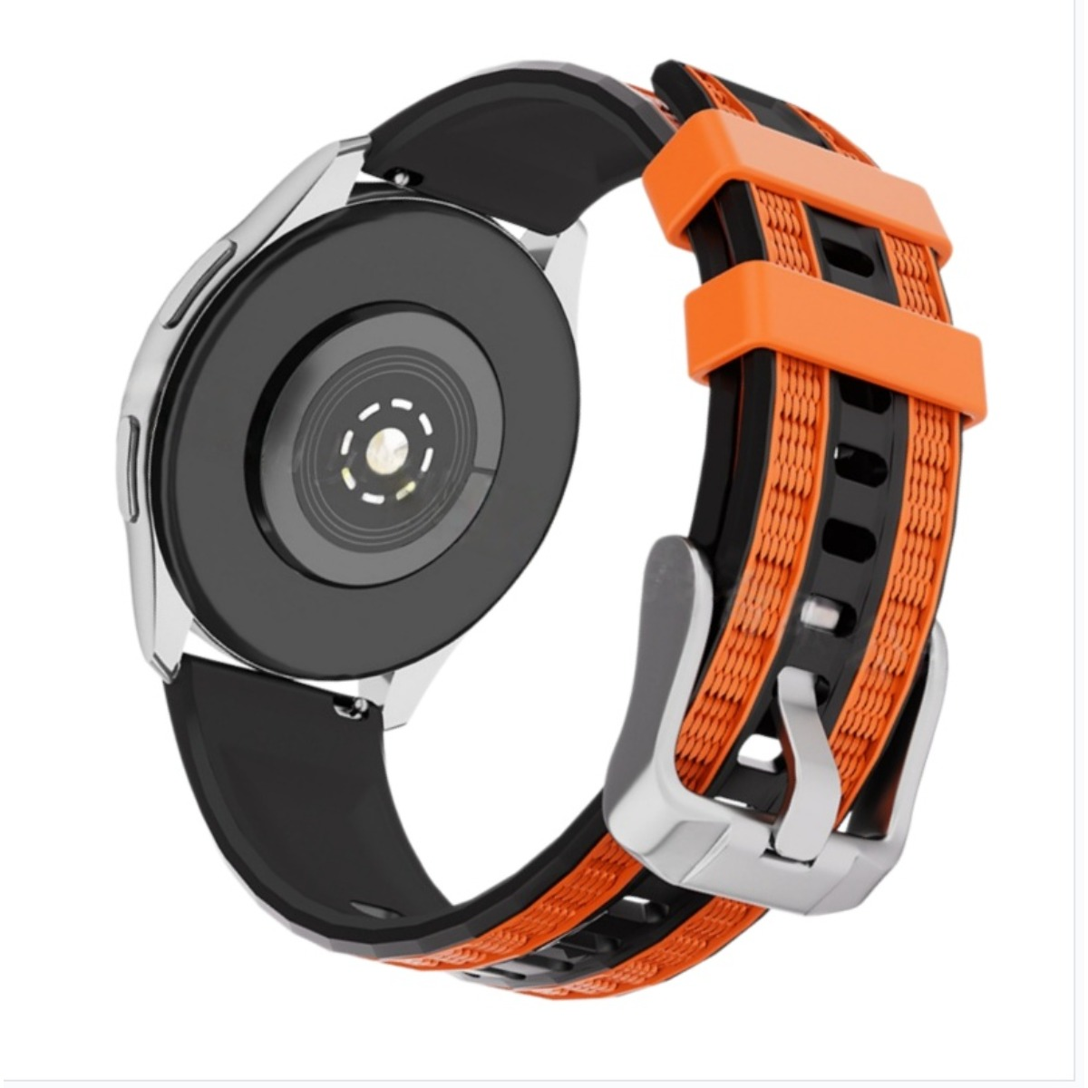 Rückseite einer Smartwatch mit schwarzem Armband mit orangefarbenen Akzenten und Metallschnalle.