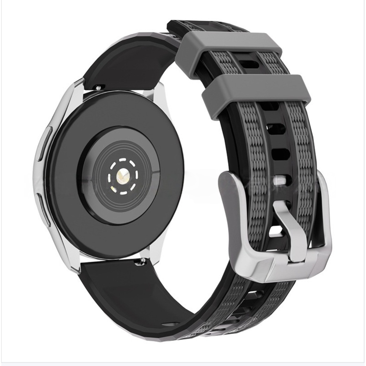 Vista posteriore di uno smartwatch argentato con cinturino nero e sensore di battito cardiaco.