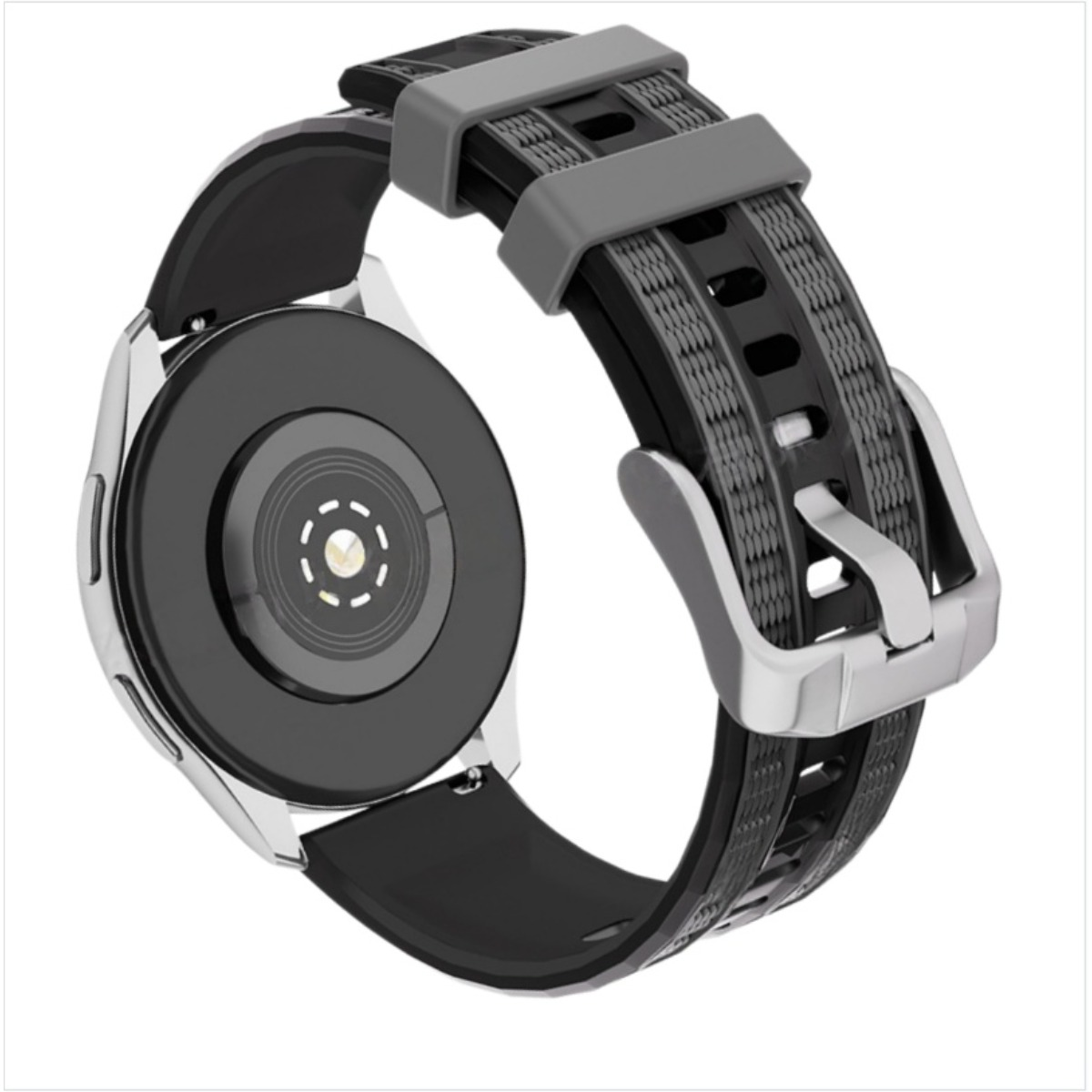 Vista posteriore di uno smartwatch con cinturino nero e fibbia argento.