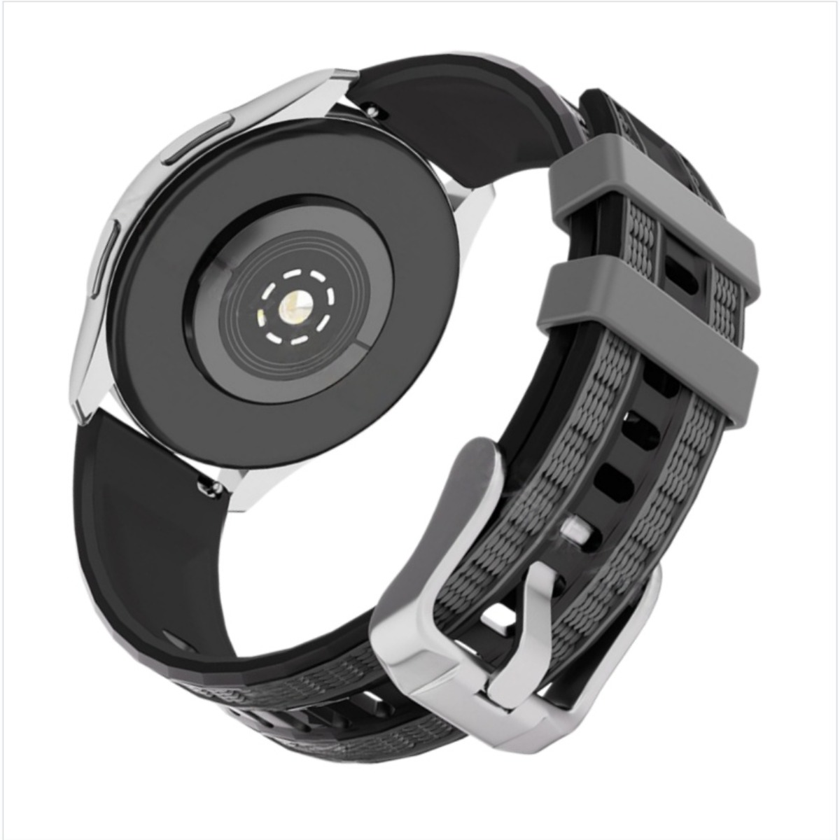 Vista posteriore di uno smartwatch con sensore di frequenza cardiaca e cinturino nero.