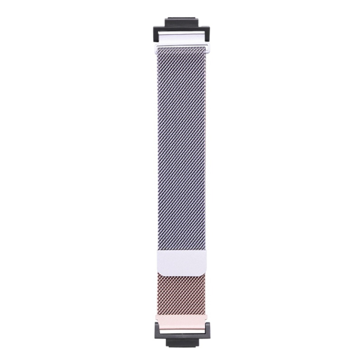 Un cinturino Milanese stretto, grigio e oro rosa con connettori neri.