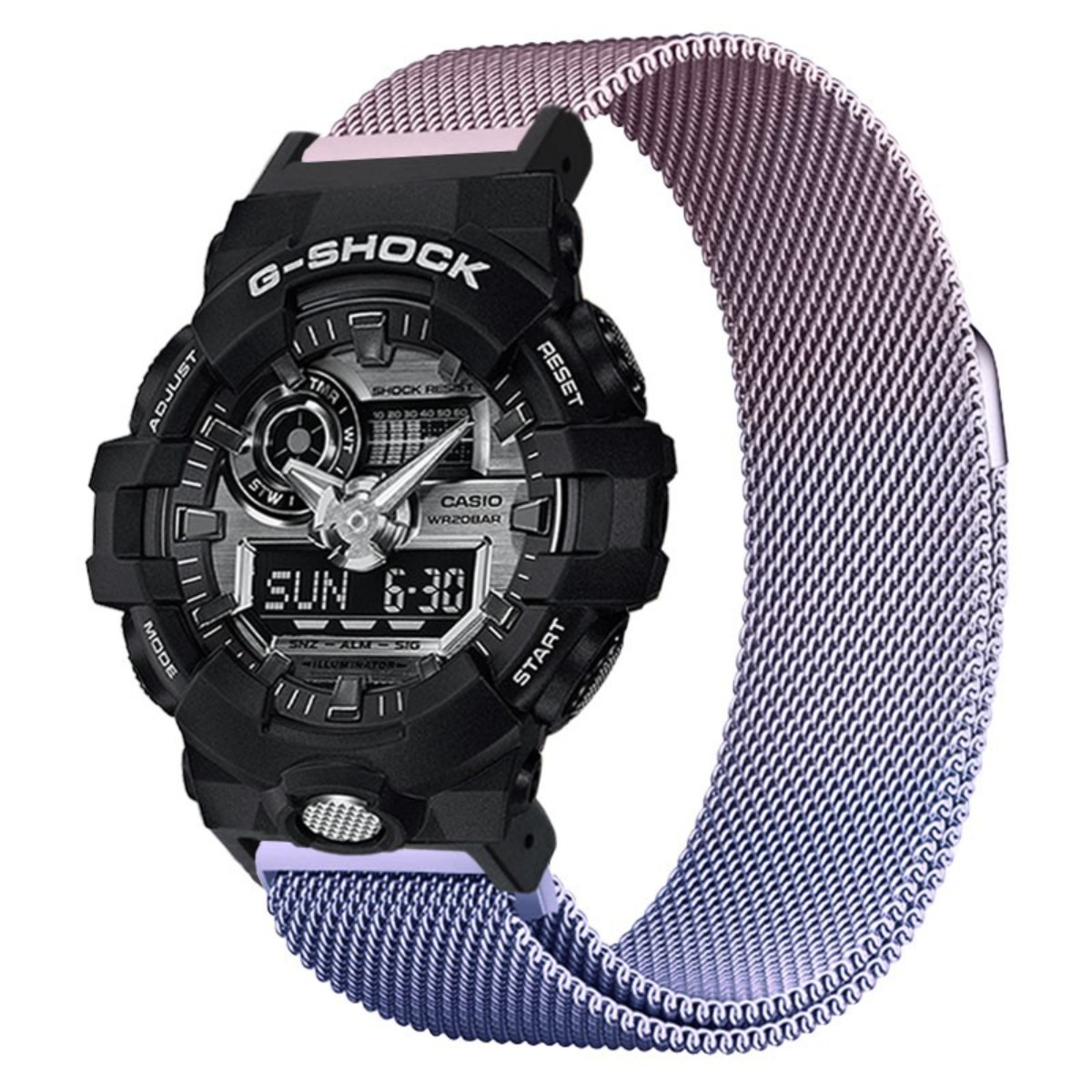 Orologio G-Shock nero con display digitale e cinturino in rete metallica viola/blu.