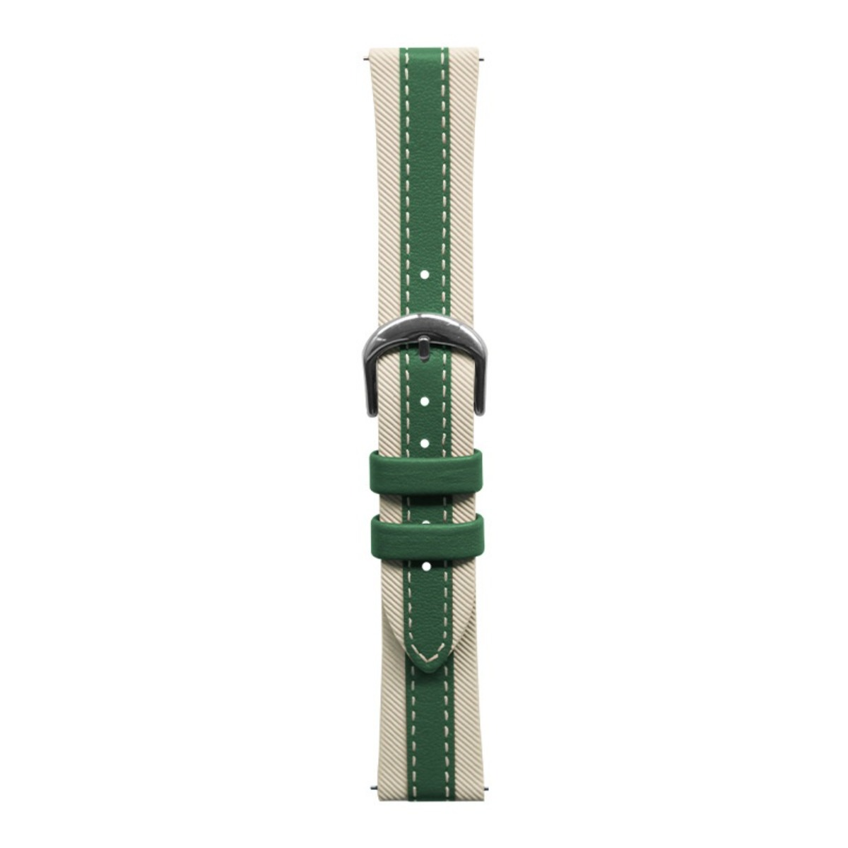 Ein cremefarbener Uhrenarmband mit grünen Streifen und Schnalle.