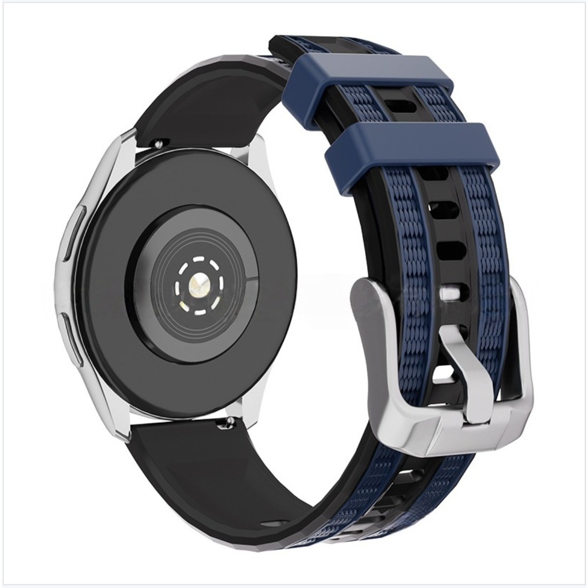 Rückseite einer Smartwatch mit schwarzem Armband mit blauen Akzenten und Metallschnalle.