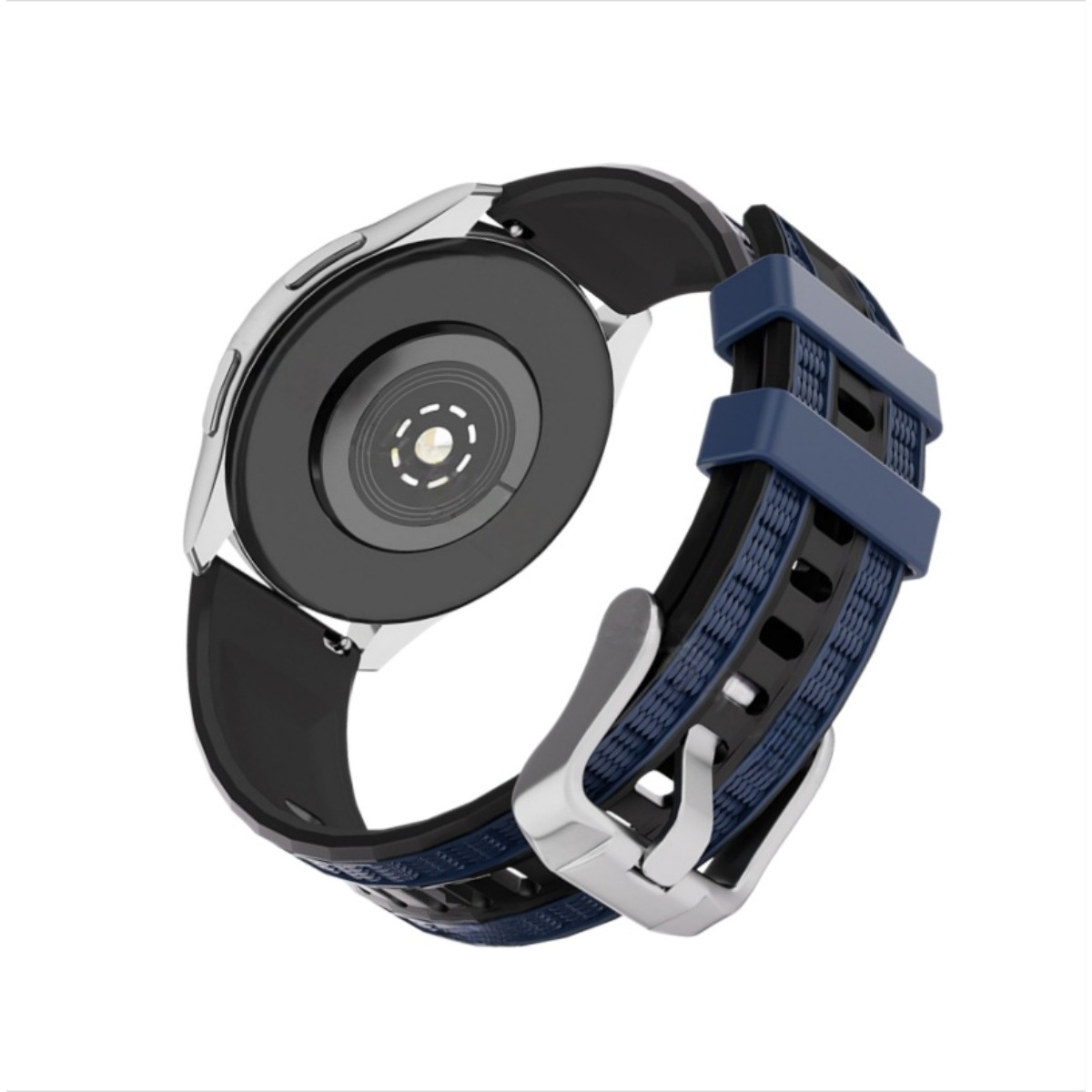 Rückseite einer Smartwatch mit schwarzem Armband und blauen Akzenten.