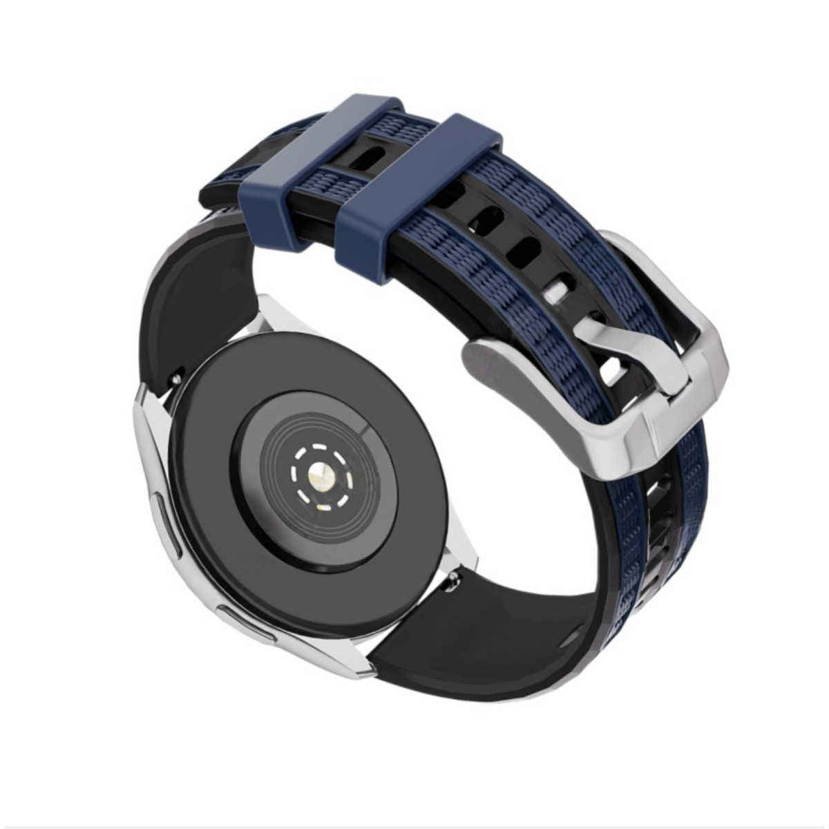 Rückseite einer Smartwatch mit blauem und schwarzem Armband und Metallschnalle.