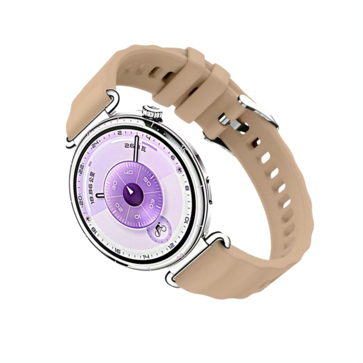 Eine digitale Smartwatch mit einem beigen Armband und einem lila Zifferblatt.