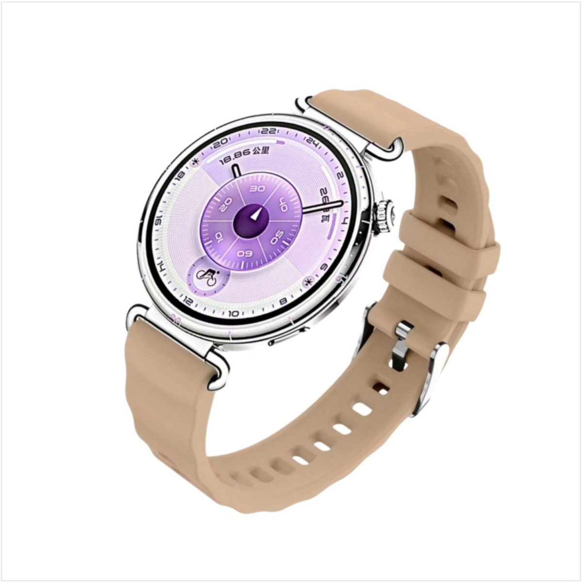 Eine beige Smartwatch mit einem lila Zifferblatt und silbernem Gehäuse.