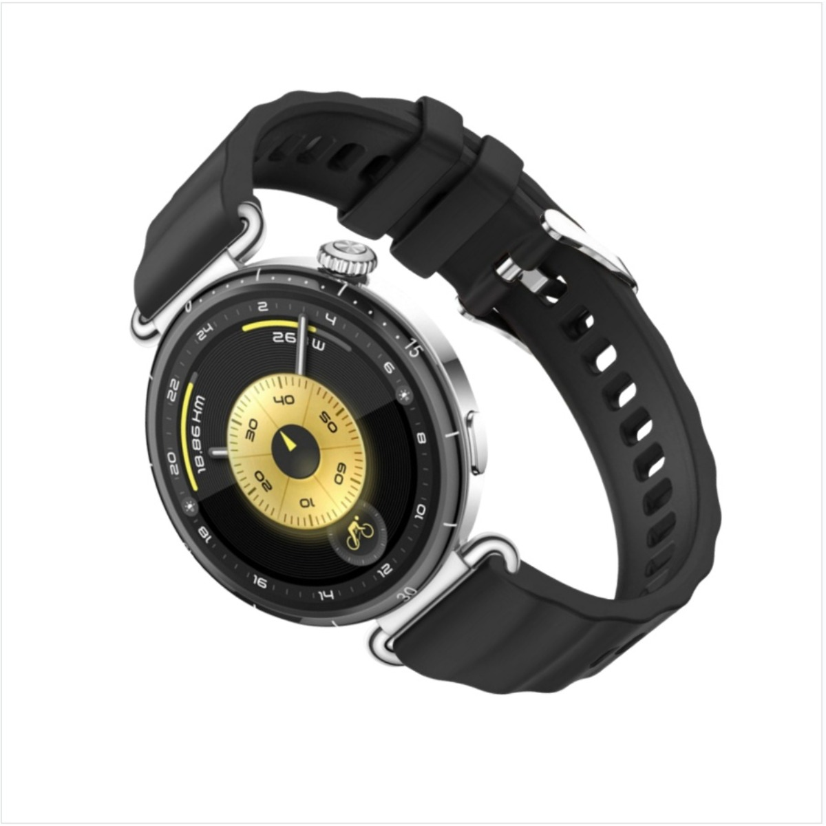 Eine schwarze Smartwatch mit silberner Lünette und goldenem Digitaldisplay, das 18,86 km anzeigt.