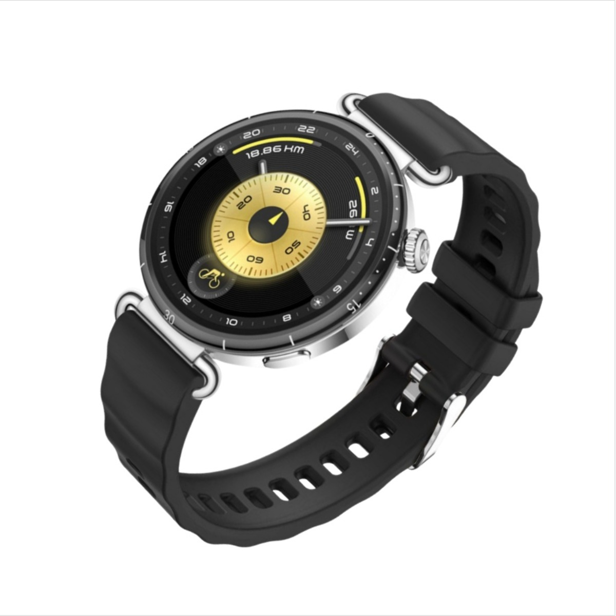 Eine schwarze Smartwatch mit silbernem Zifferblatt und gelb-schwarzem Digitaldisplay, das 18,86 km anzeigt.