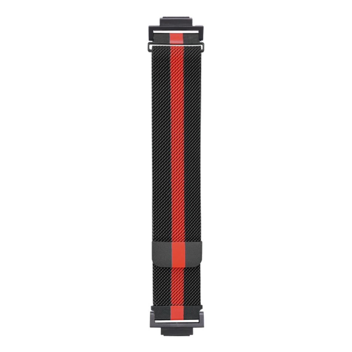 Un cinturino per orologio in rete nera con striscia rossa e chiusura magnetica.