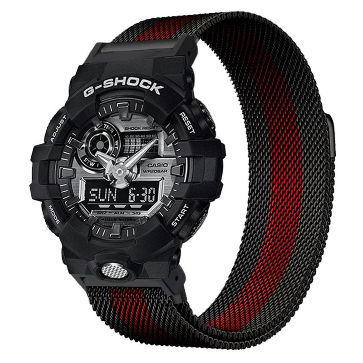 Orologio G-Shock nero con display digitale e cinturino a righe rosse.