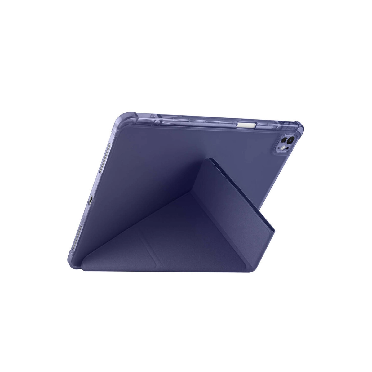 Beyaz arka plan üzerinde şeffaf kılıflı koyu mavi tablet standı.