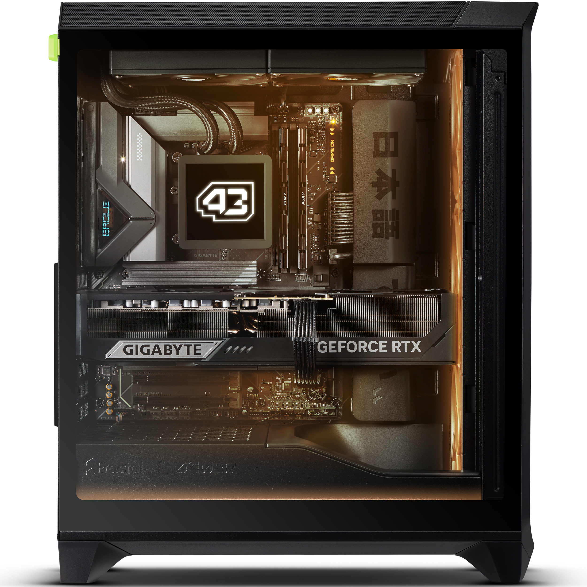 Ein offener schwarzer Gaming-PC mit RGB-Beleuchtung, Innenleben sichtbar.
