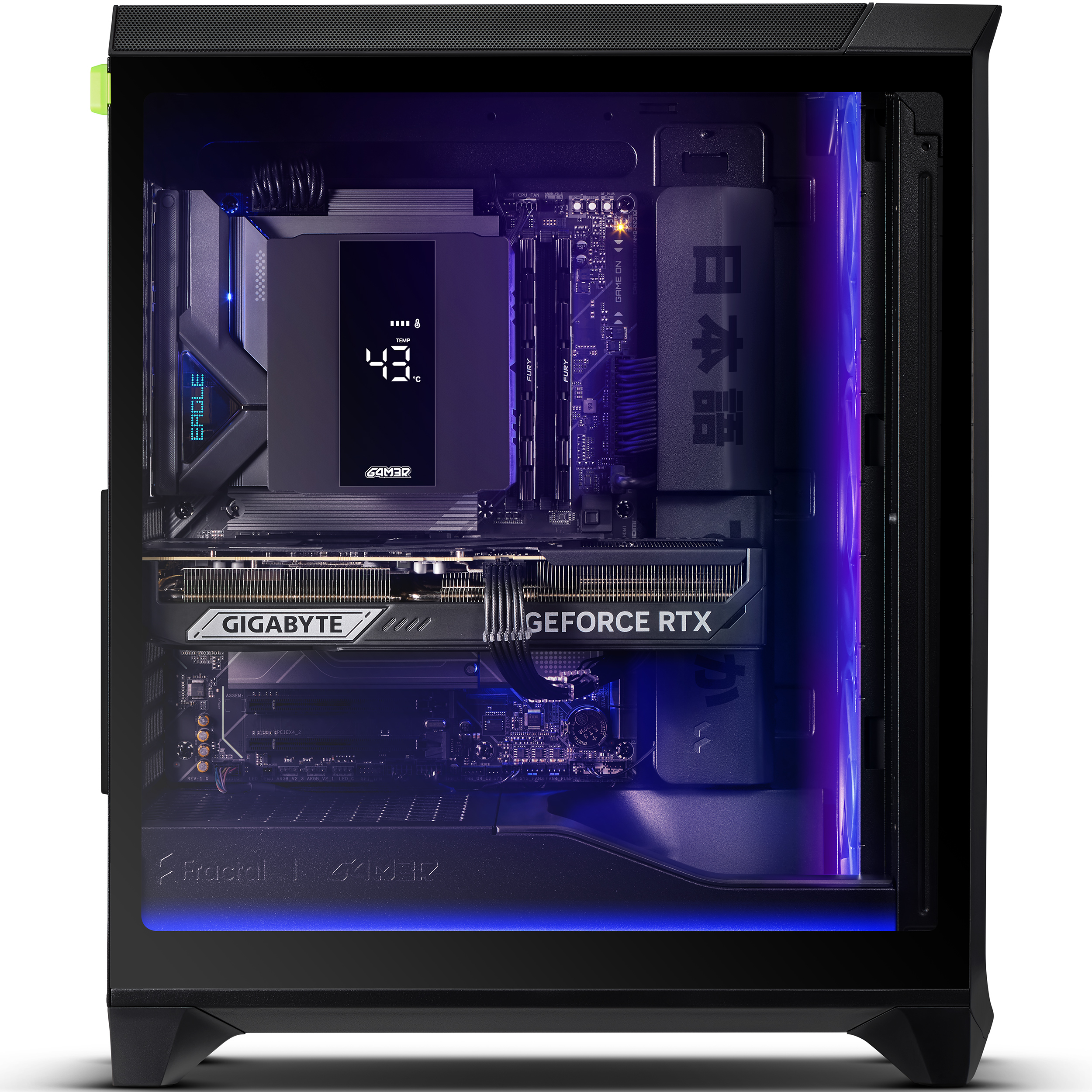 Ein schwarzer PC mit RGB-Beleuchtung, CPU-Kühler mit digitaler Anzeige und GPU.
