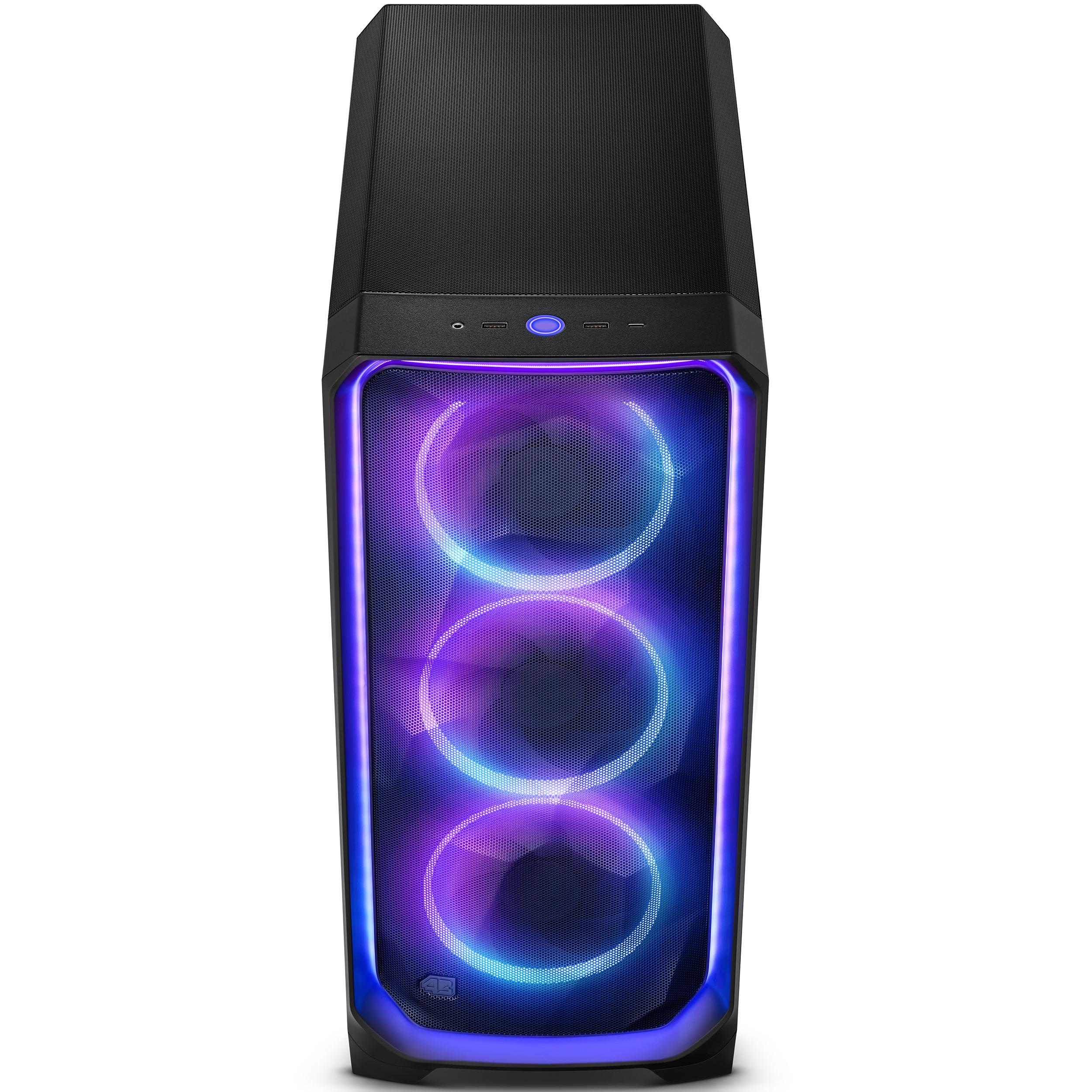 Schwarzer PC-Tower mit blau-violetten LED-Lüftern und Gitterfront.