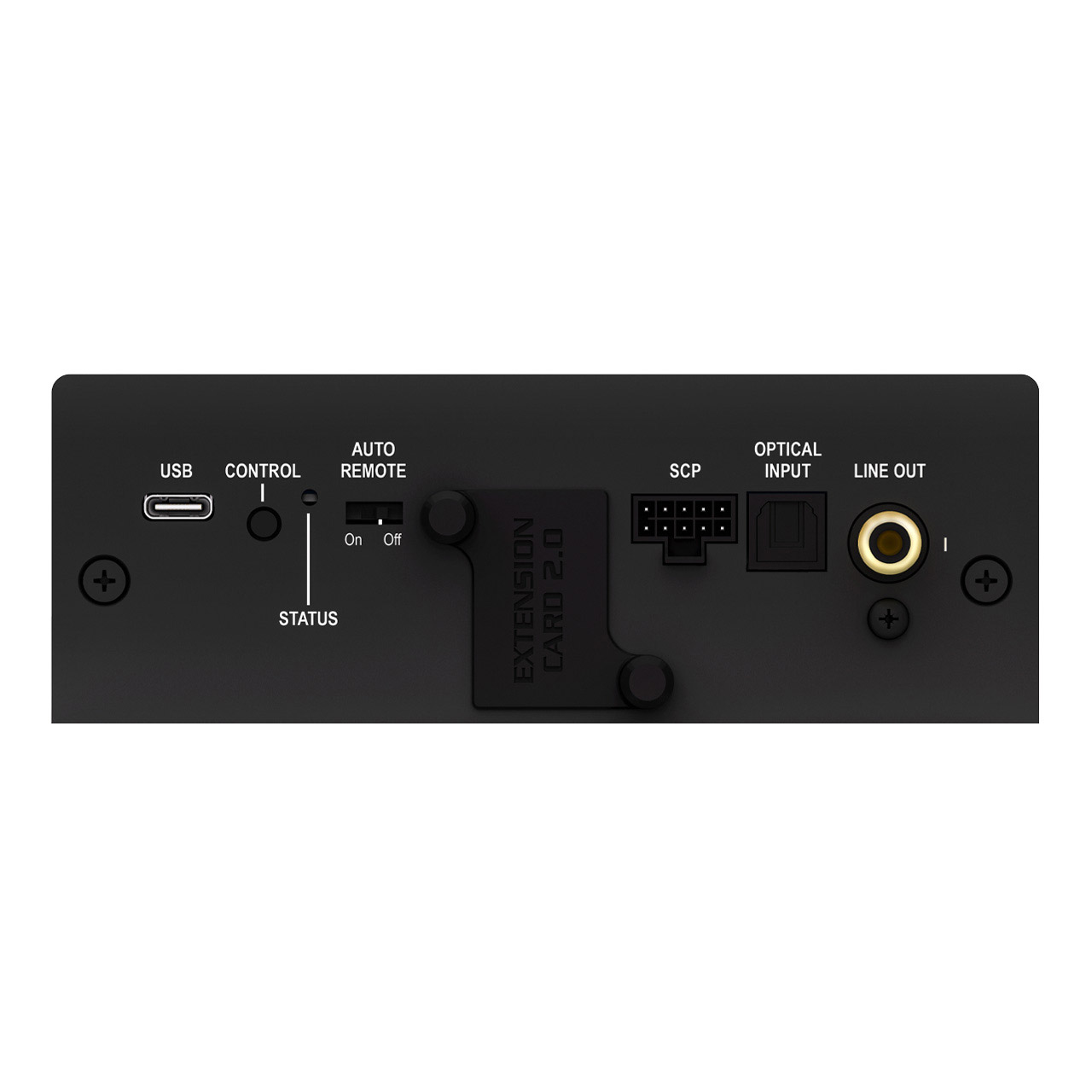 Rückseite eines schwarzen Geräts mit Anschlüssen: USB, Control, Auto Remote, SCP, Optical Input, Line Out.