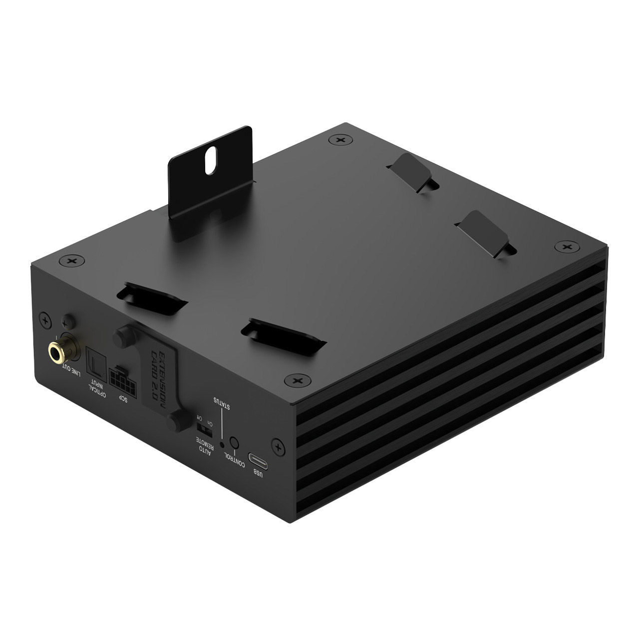 Schwarzes Audiogerät mit Anschlüssen: Line Out, Optical, USB. Status- und Fernbedienungsschalter.