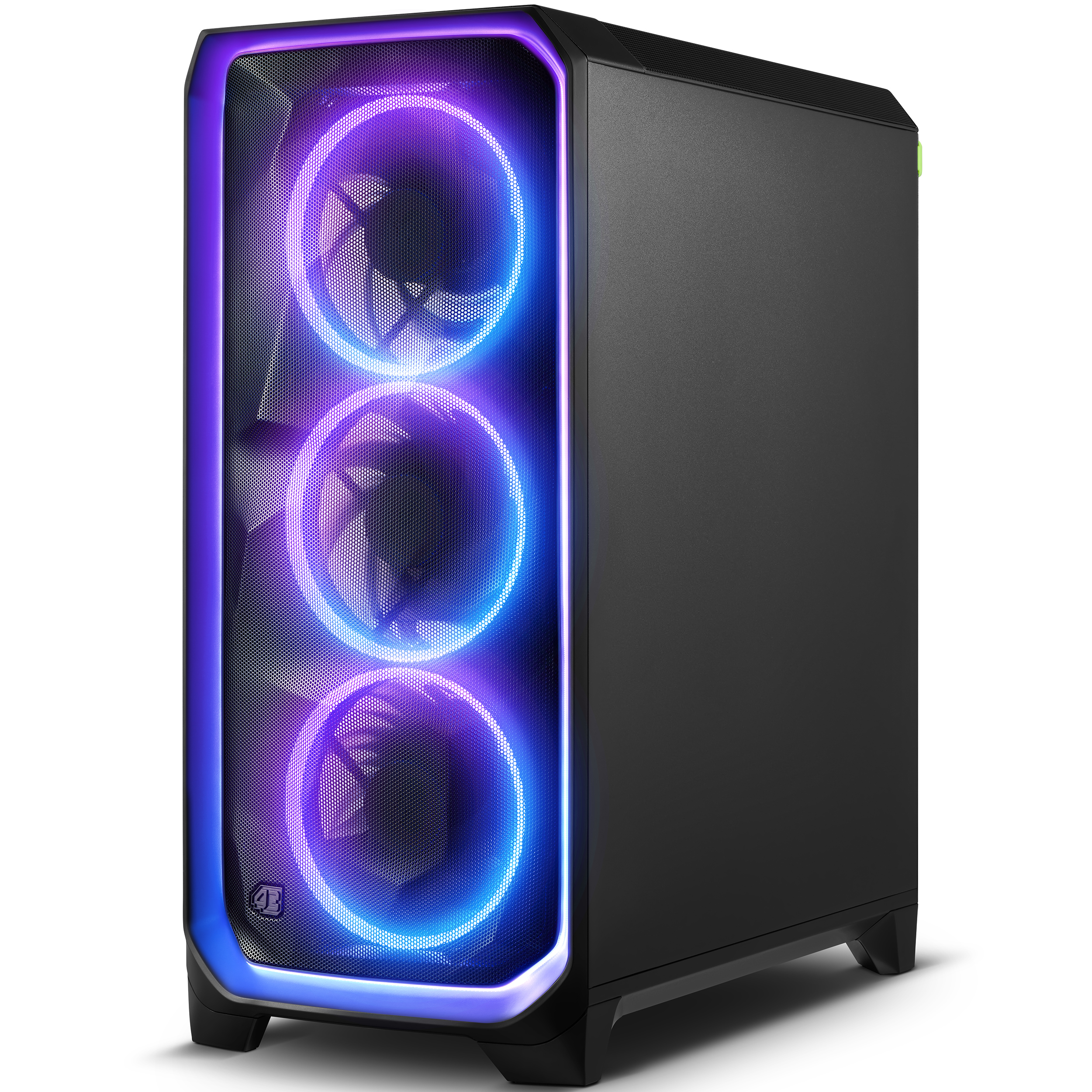 Schwarzes Computergehäuse mit drei beleuchteten Lüftern und RGB-Beleuchtung.