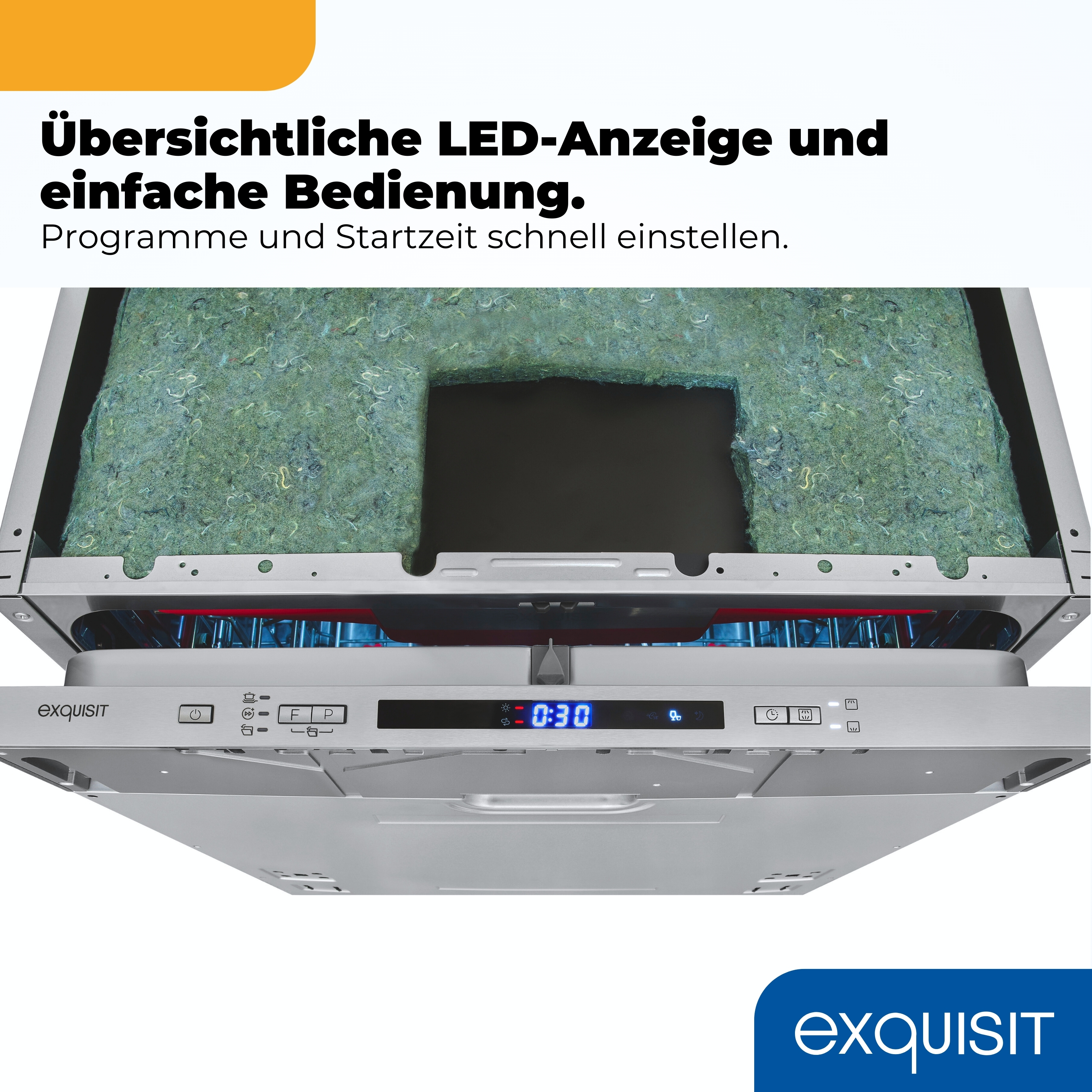 Geschirrspüler-Bedienfeld mit beleuchteter Anzeige und Knöpfen.