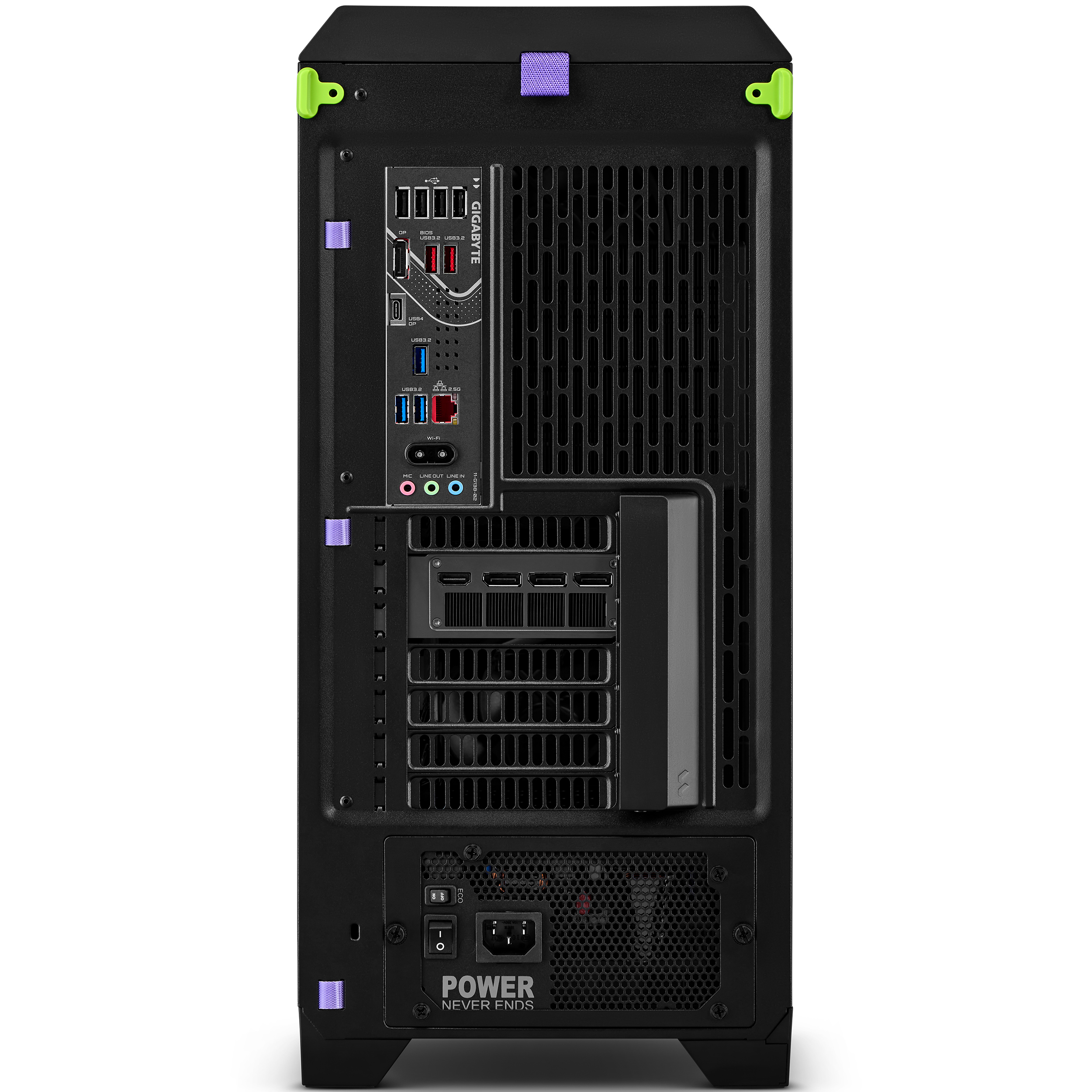 Rückseite eines schwarzen PCs mit Anschlüssen, Lüftungsschlitzen und farbigen Akzenten.