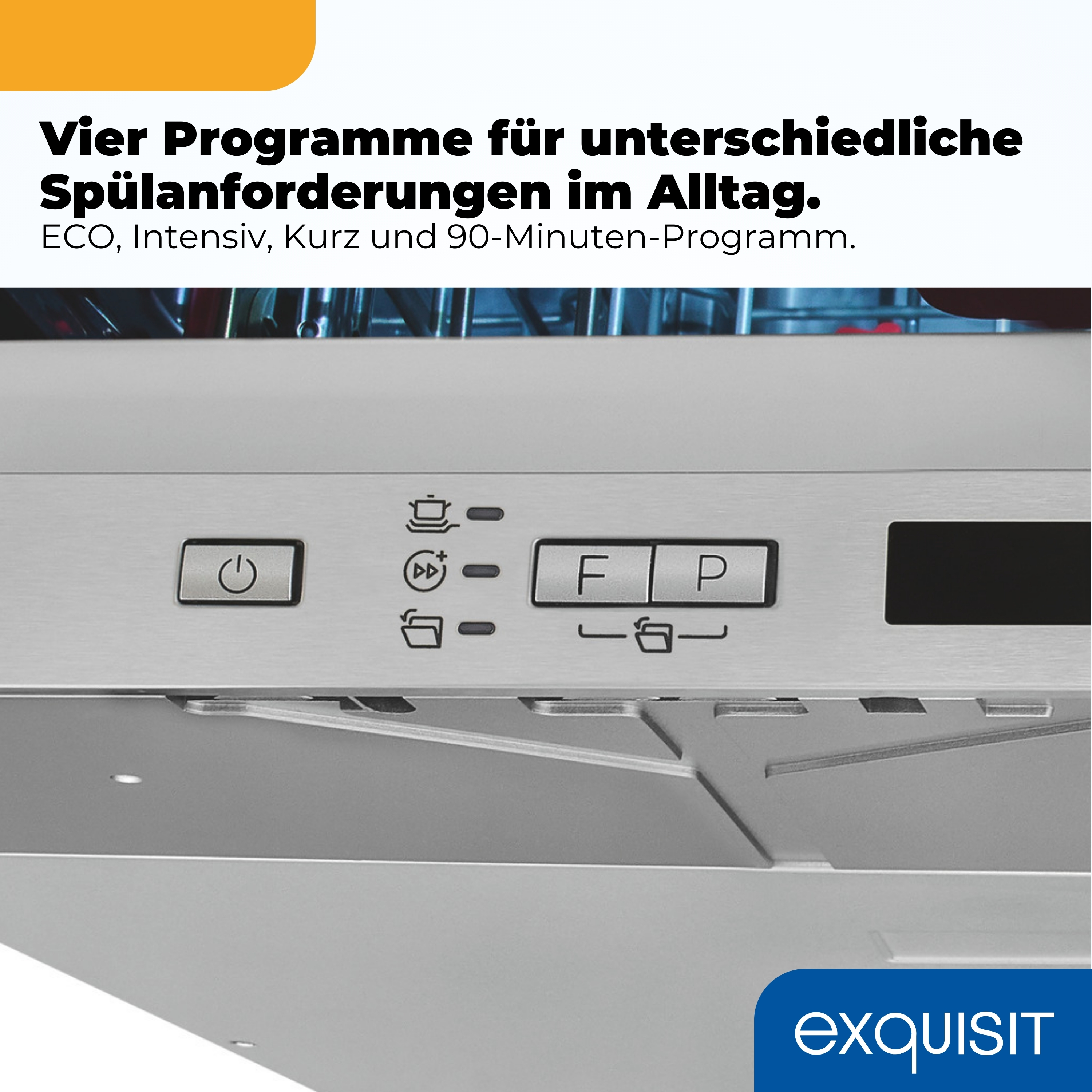 Geschirrspüler-Bedienfeld mit Programmtasten und Logo.