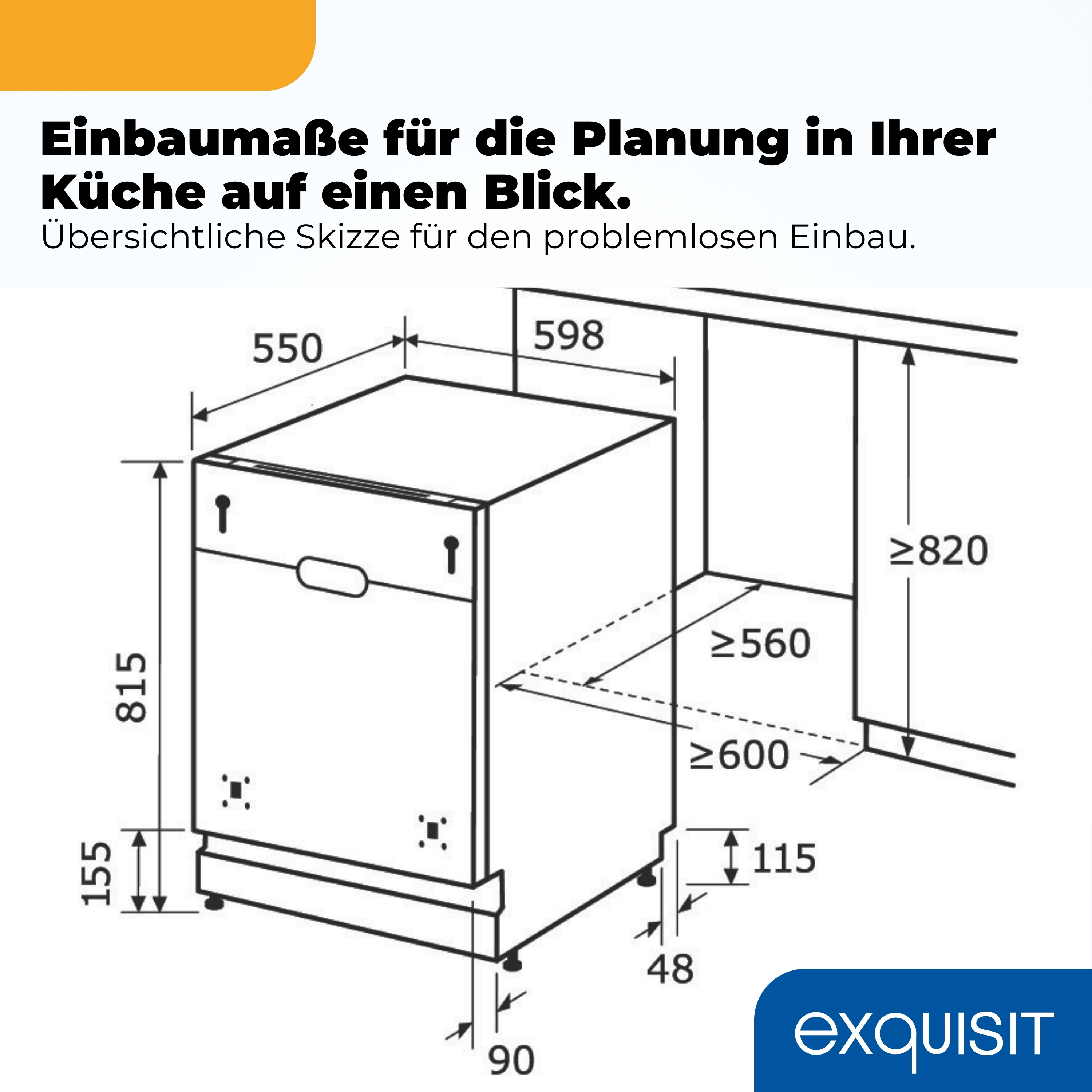 Einbauküche mit Maßen: Höhe 815, Breite 598, Tiefe 550 mm.