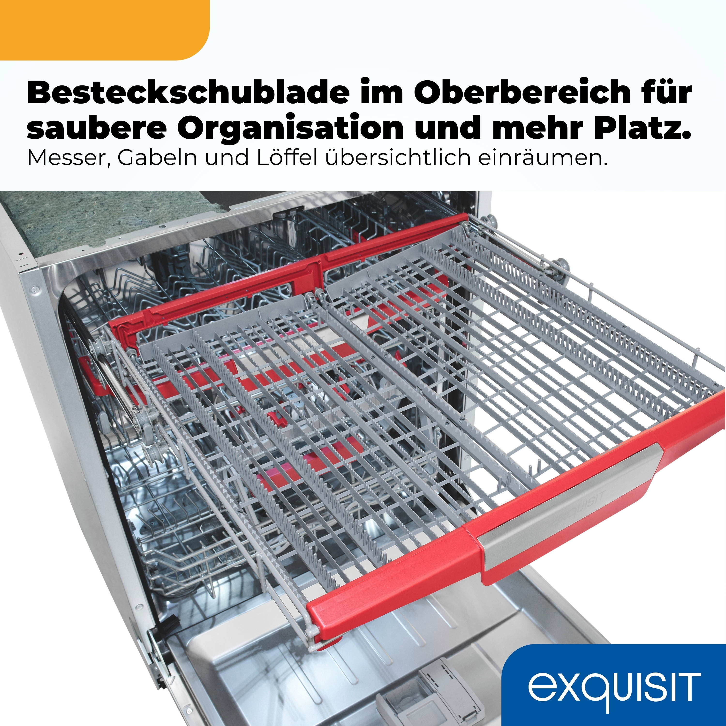 Ausgezogene Besteckschublade einer Spülmaschine mit roten Griffen.