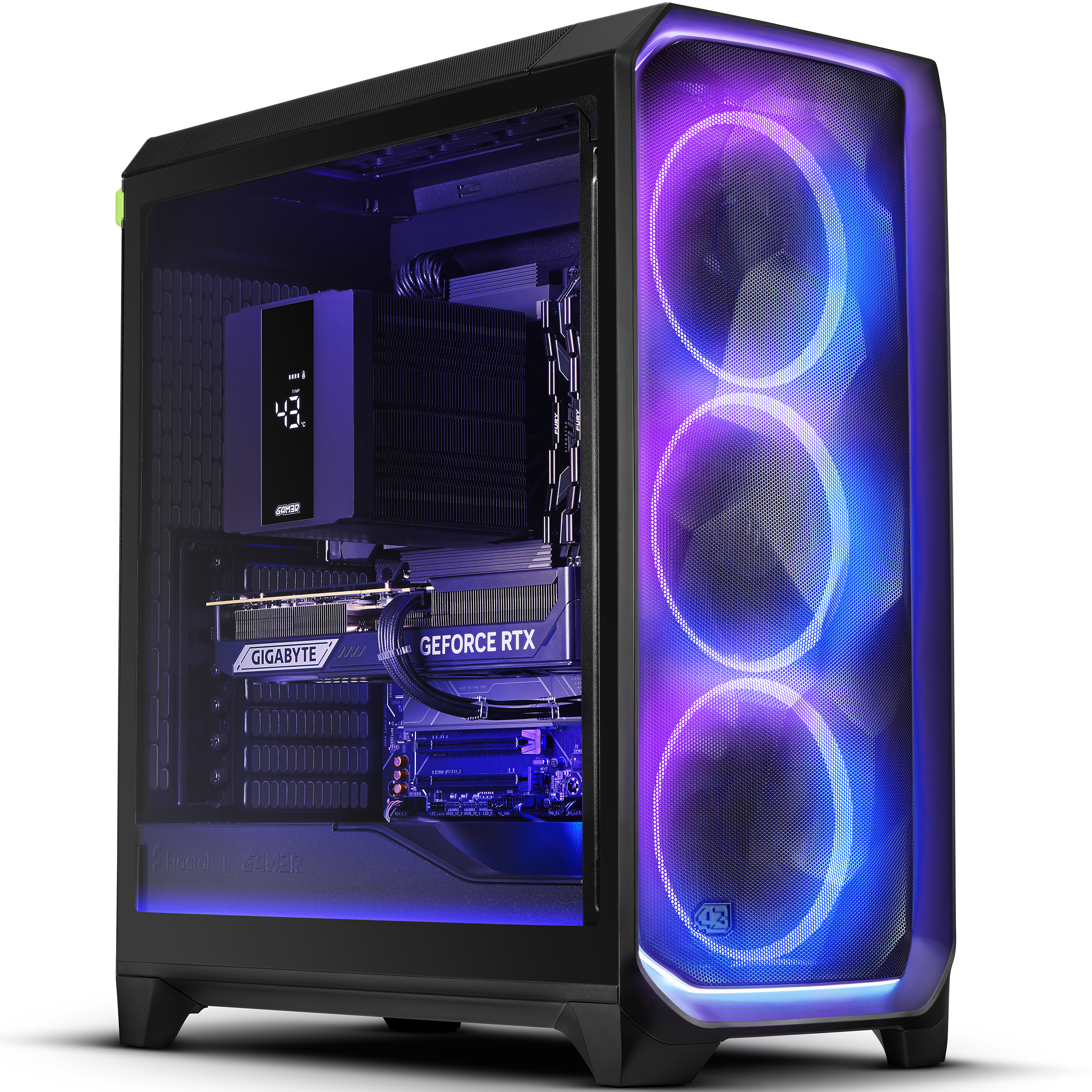 Ein schwarzer Gaming-PC mit RGB-Beleuchtung und sichtbaren Komponenten.