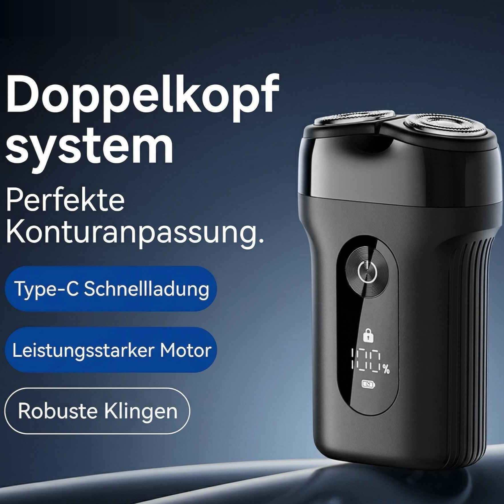 Elektrischer Rasierer mit Doppelkopf, Ladeanzeige und Textangaben.
