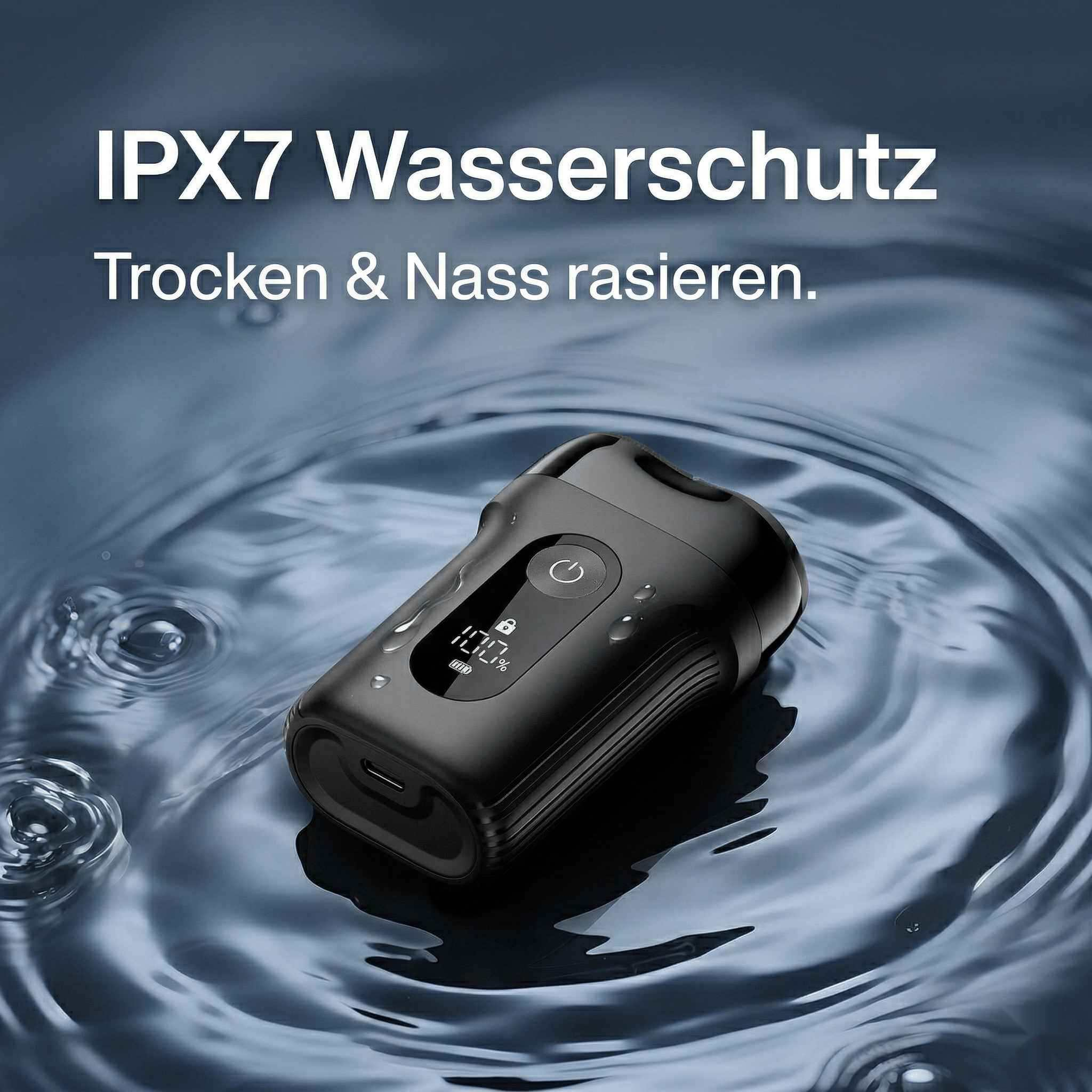 Schwarzer Rasierer mit 100% Akkuanzeige im Wasser.