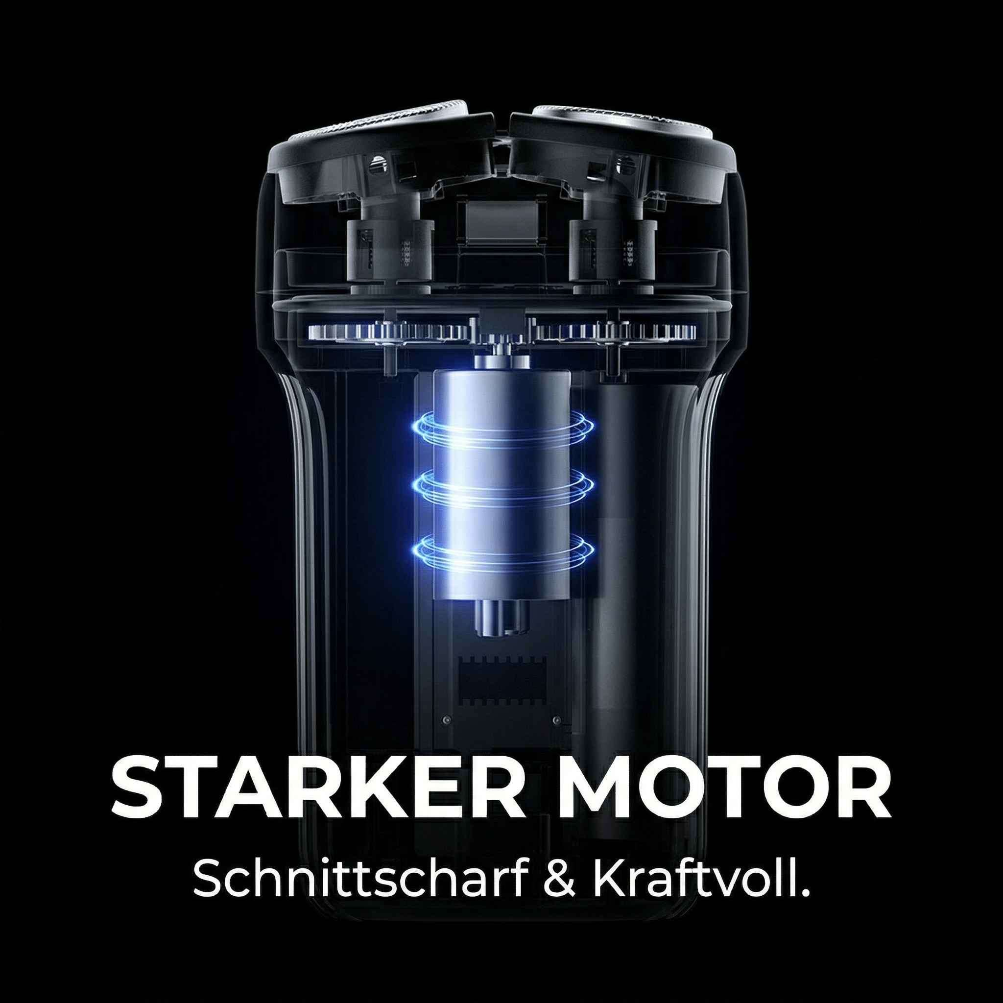 Schnittansicht eines Rasierermotors mit blauen Energie Ringen.