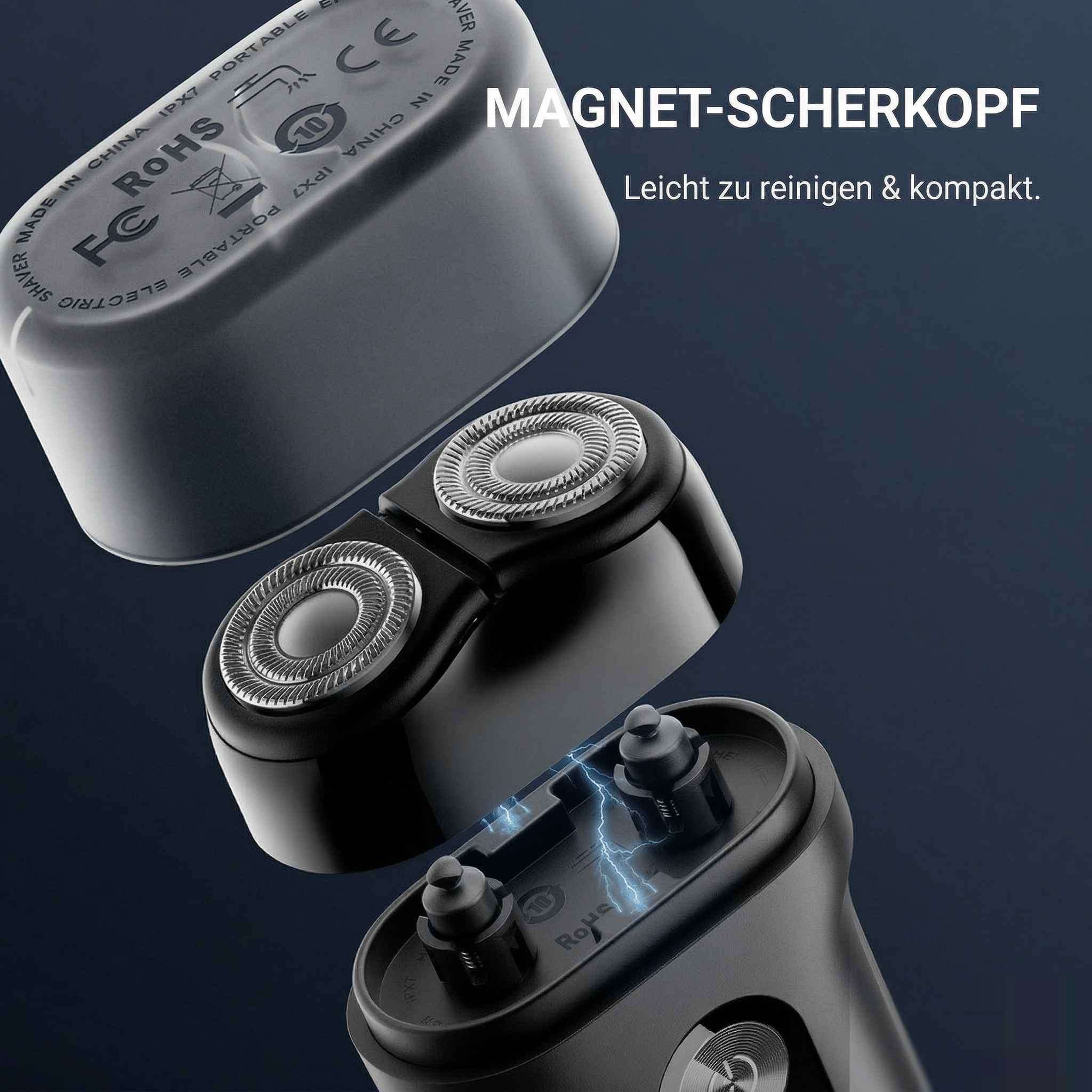 Ein elektrischer Rasierer mit abnehmbarem Magnetkopf auf dunklem Hintergrund.