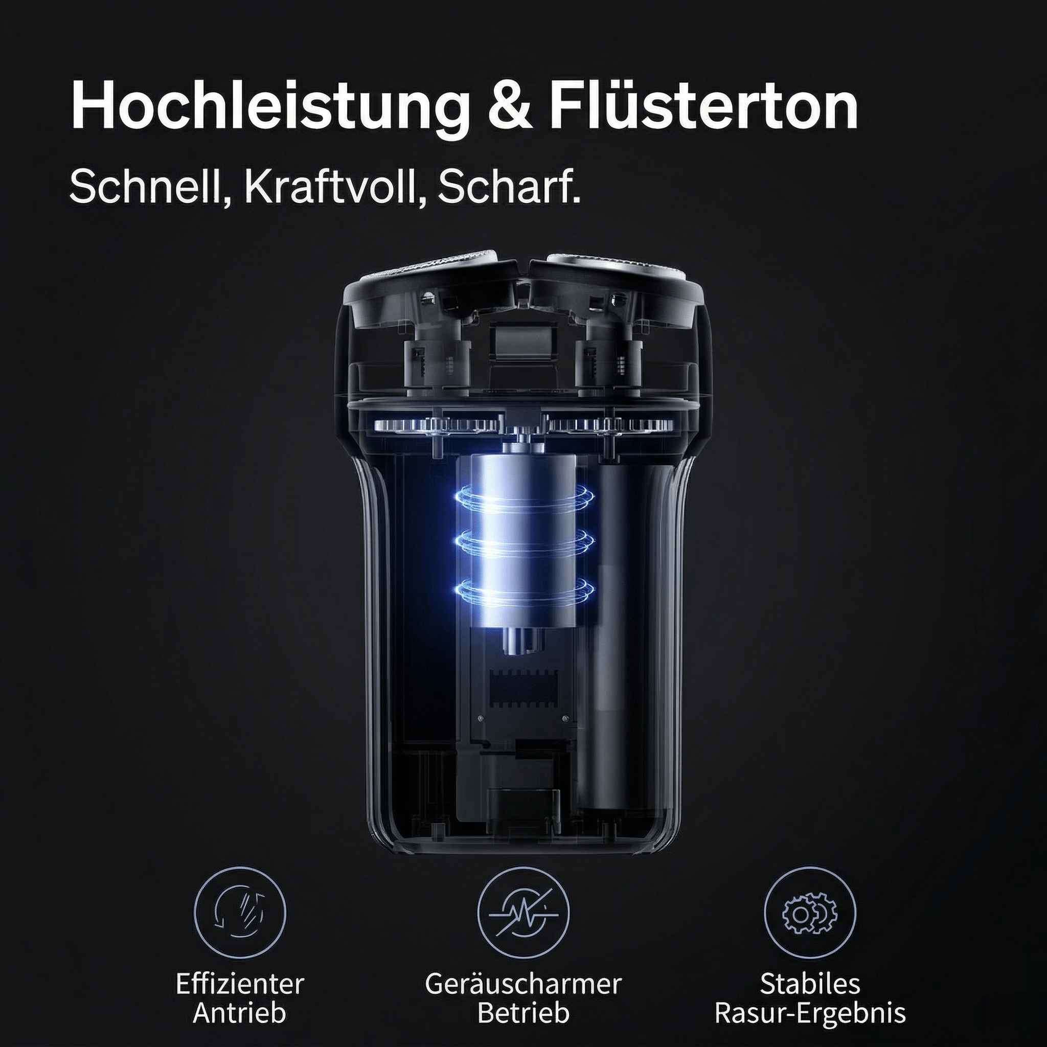 Schnittansicht eines Rasierers mit Motor und Symbolen für Effizienz.
