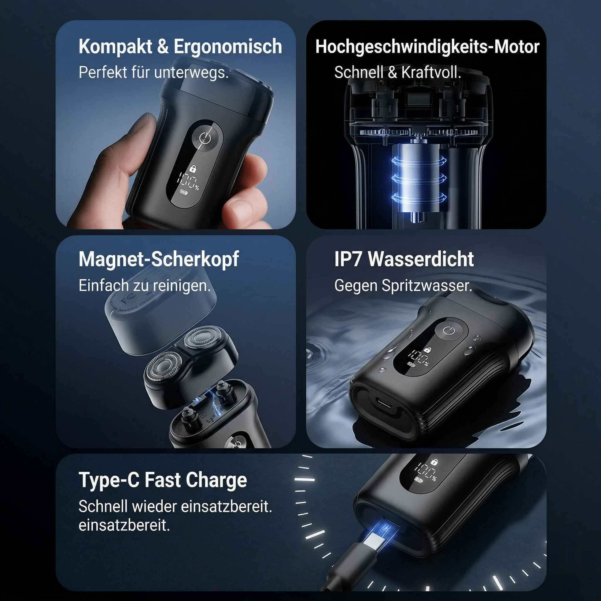 Ein schwarzer Rasierer mit digitalen Anzeigen und Ladeanschluss.
