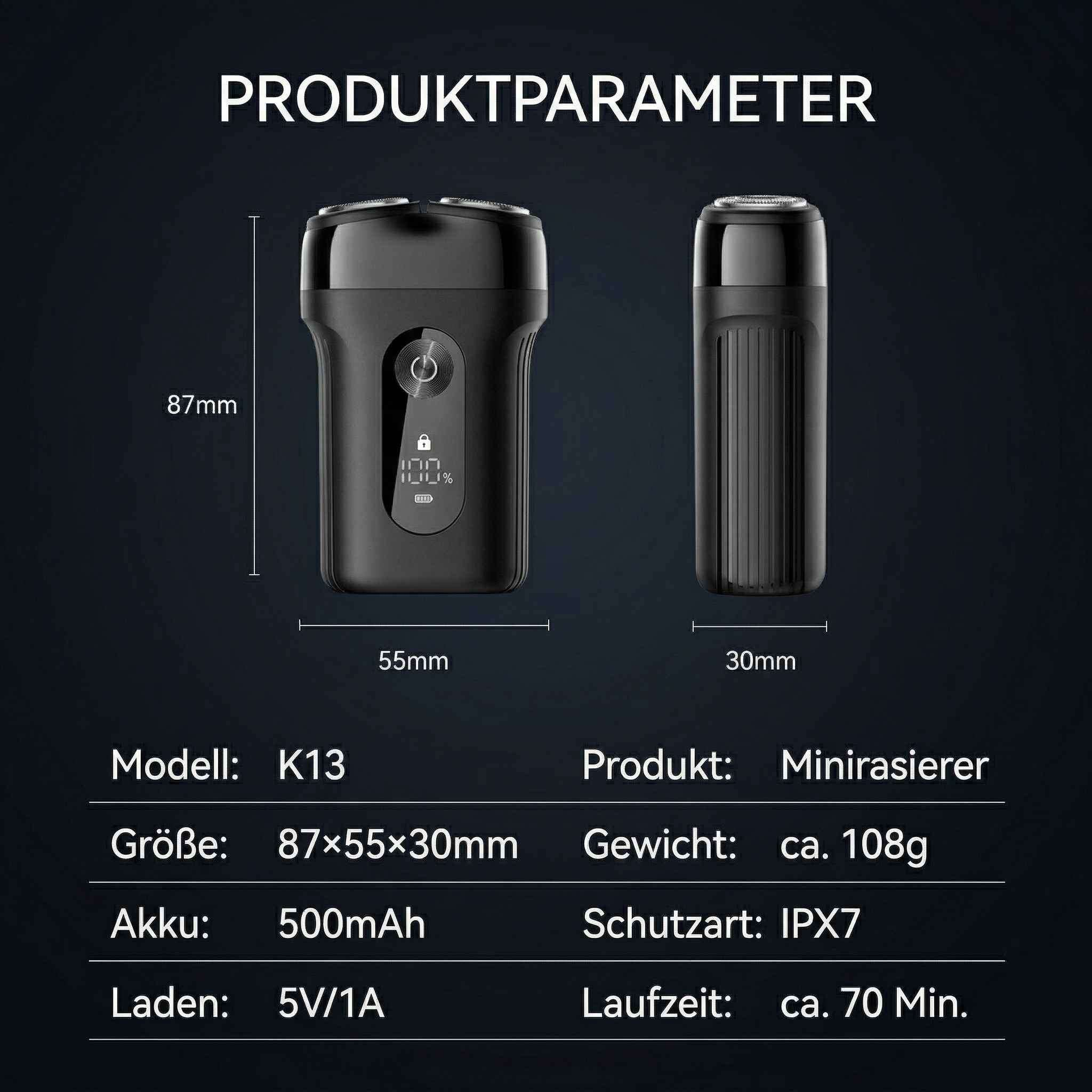 Zwei schwarze Rasierer mit Produktparametern. Links größer, zeigt 87mm Höhe.