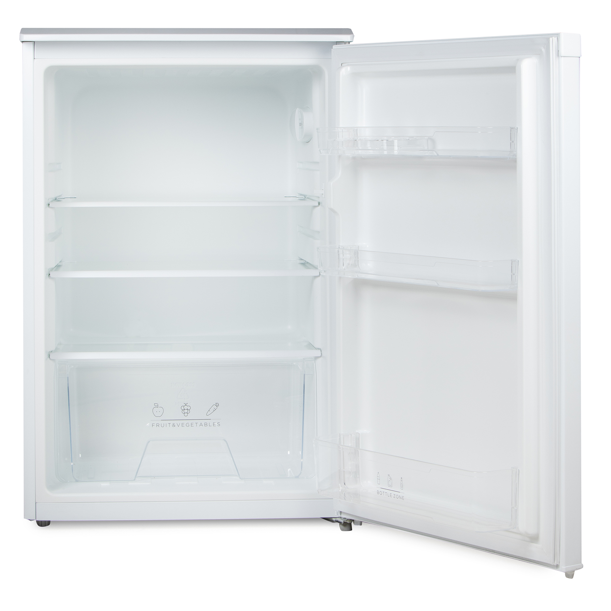 Een lege, witte koelkast met de deur open, met doorzichtige planken.