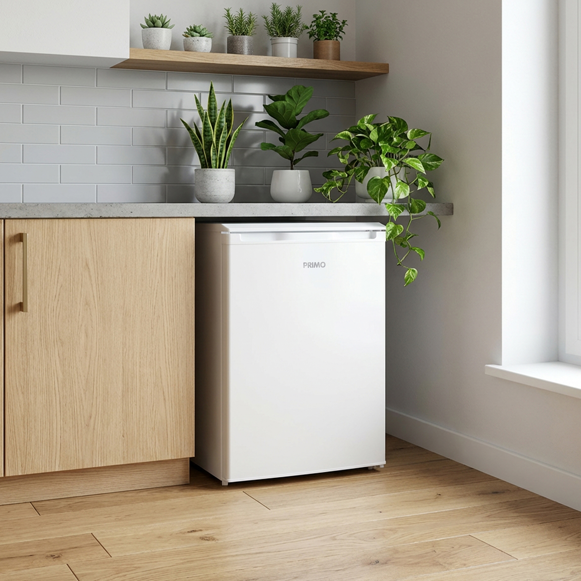 Een kleine witte koelkast naast een houten kast in een keuken met planten.