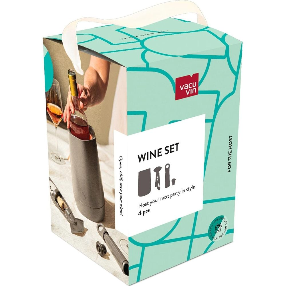 Una scatola per set da vino Vacu Vin con accessori e un refrigeratore per vino.