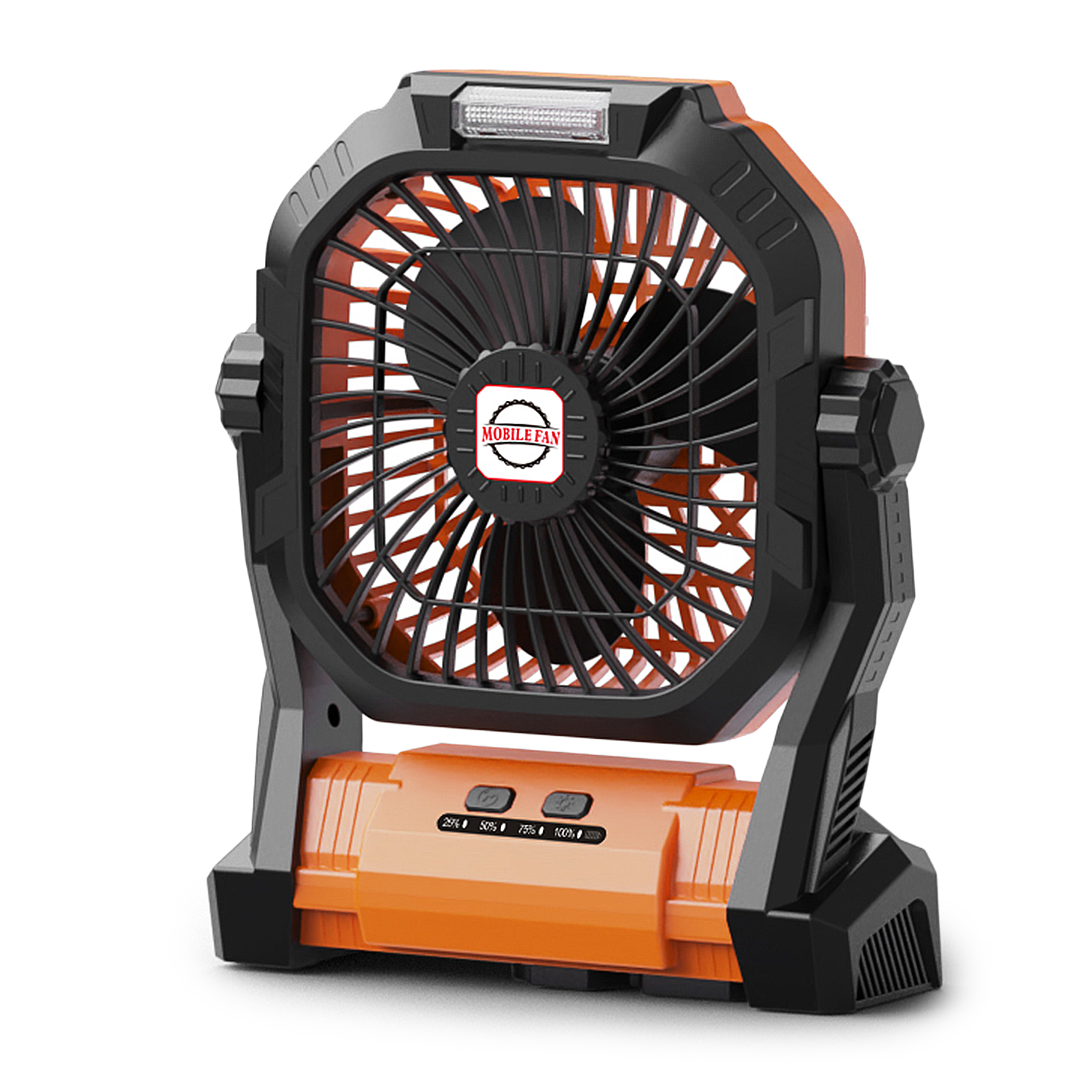 Un ventilatore portatile arancione e nero con luce LED e indicatore di batteria.
