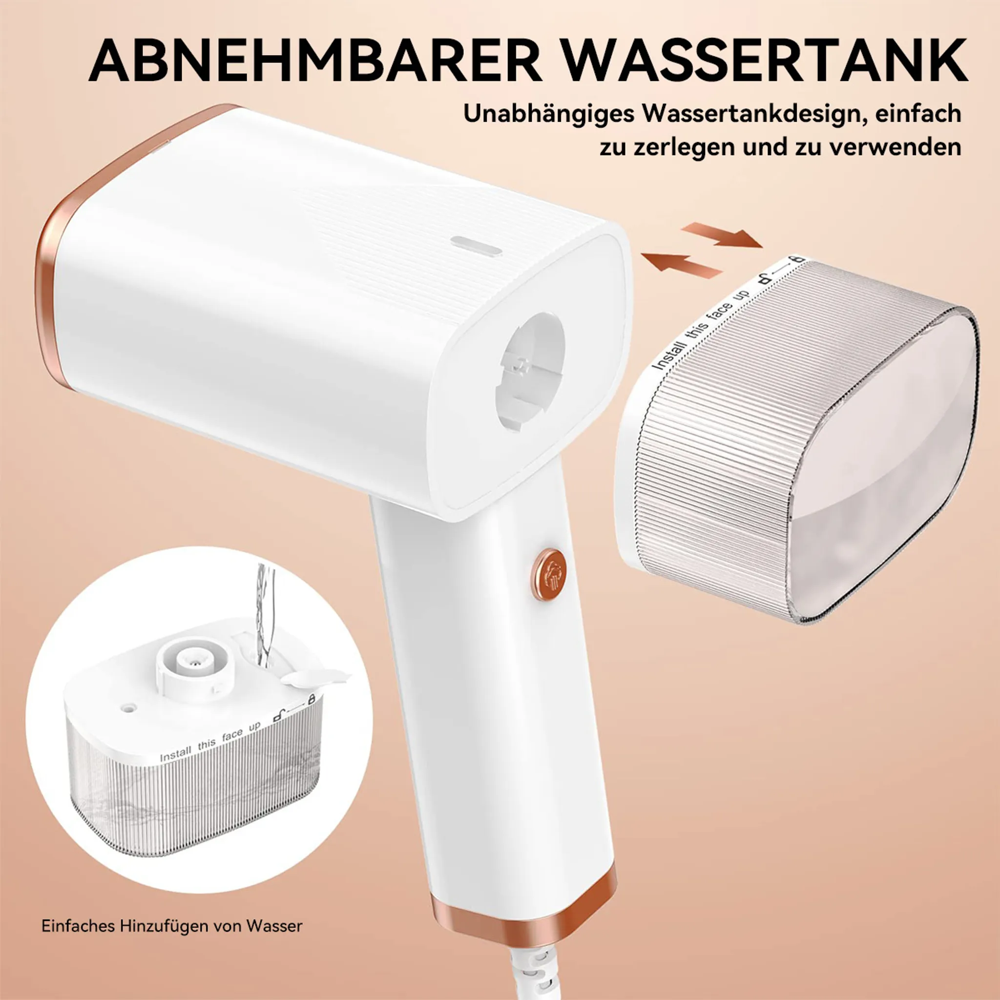 Abnehmbarer Wassertank mit Anleitung zur Montage und Wasserbefüllung.