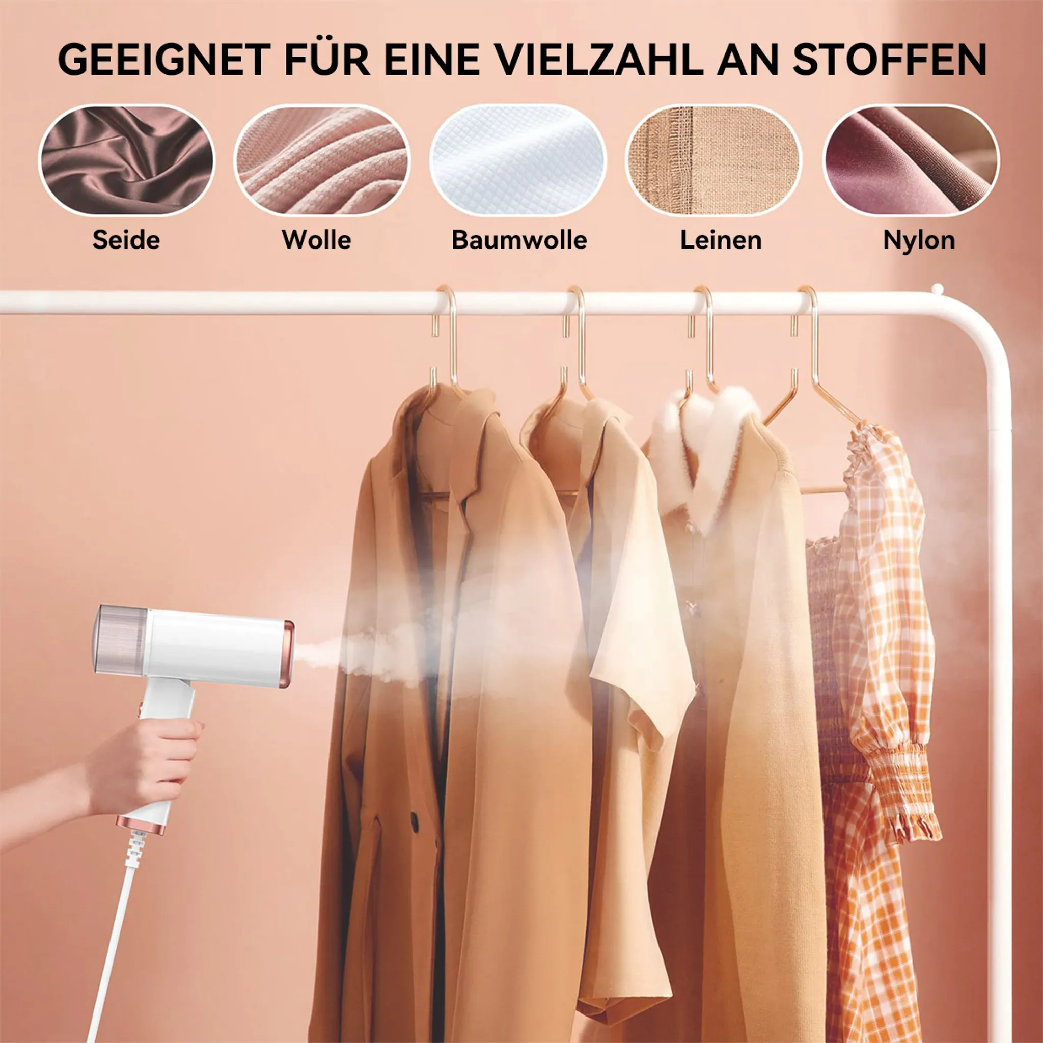 Dampfglätter behandelt Kleidung auf Kleiderbügeln; Seide, Wolle, Baumwolle, Leinen, Nylon.