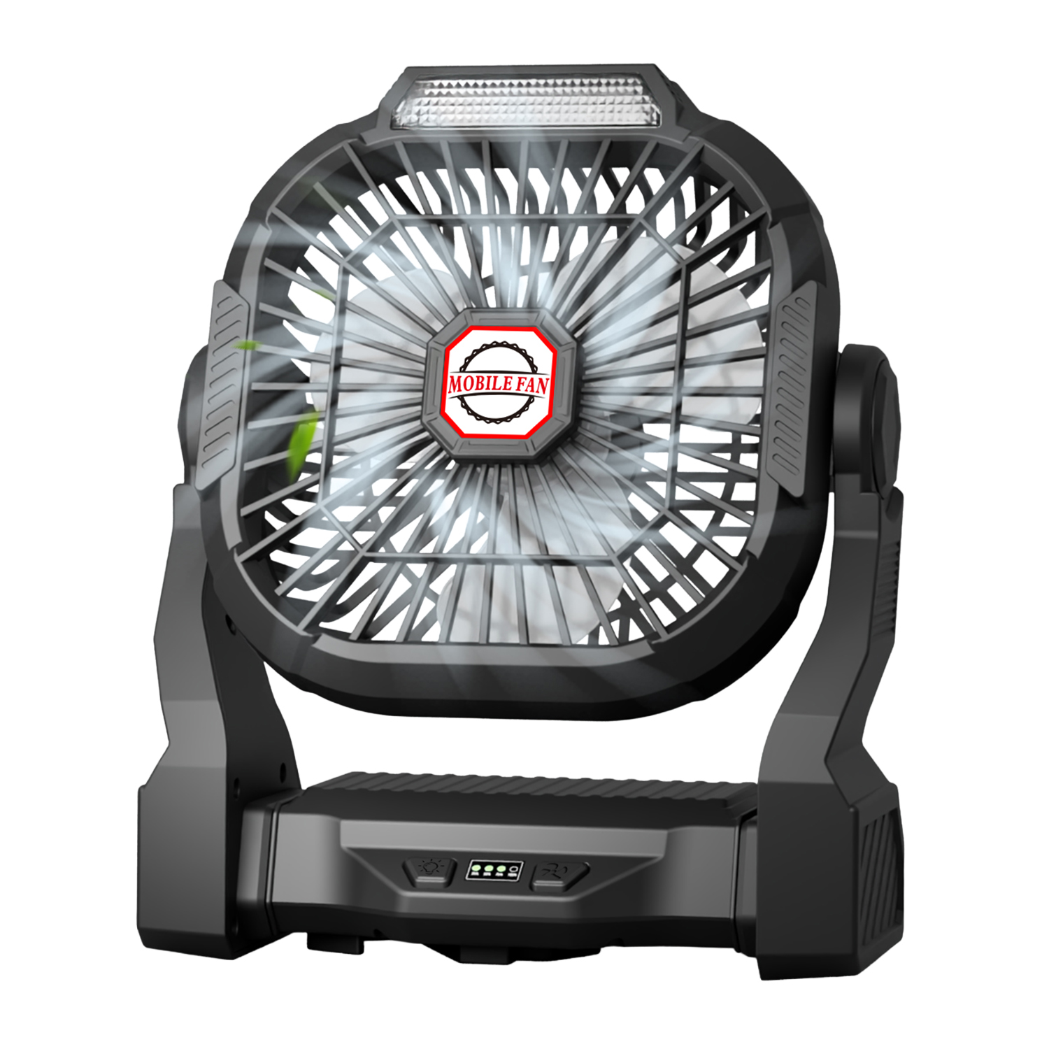 Una ventola portatile nera con luce LED e indicatori di carica.