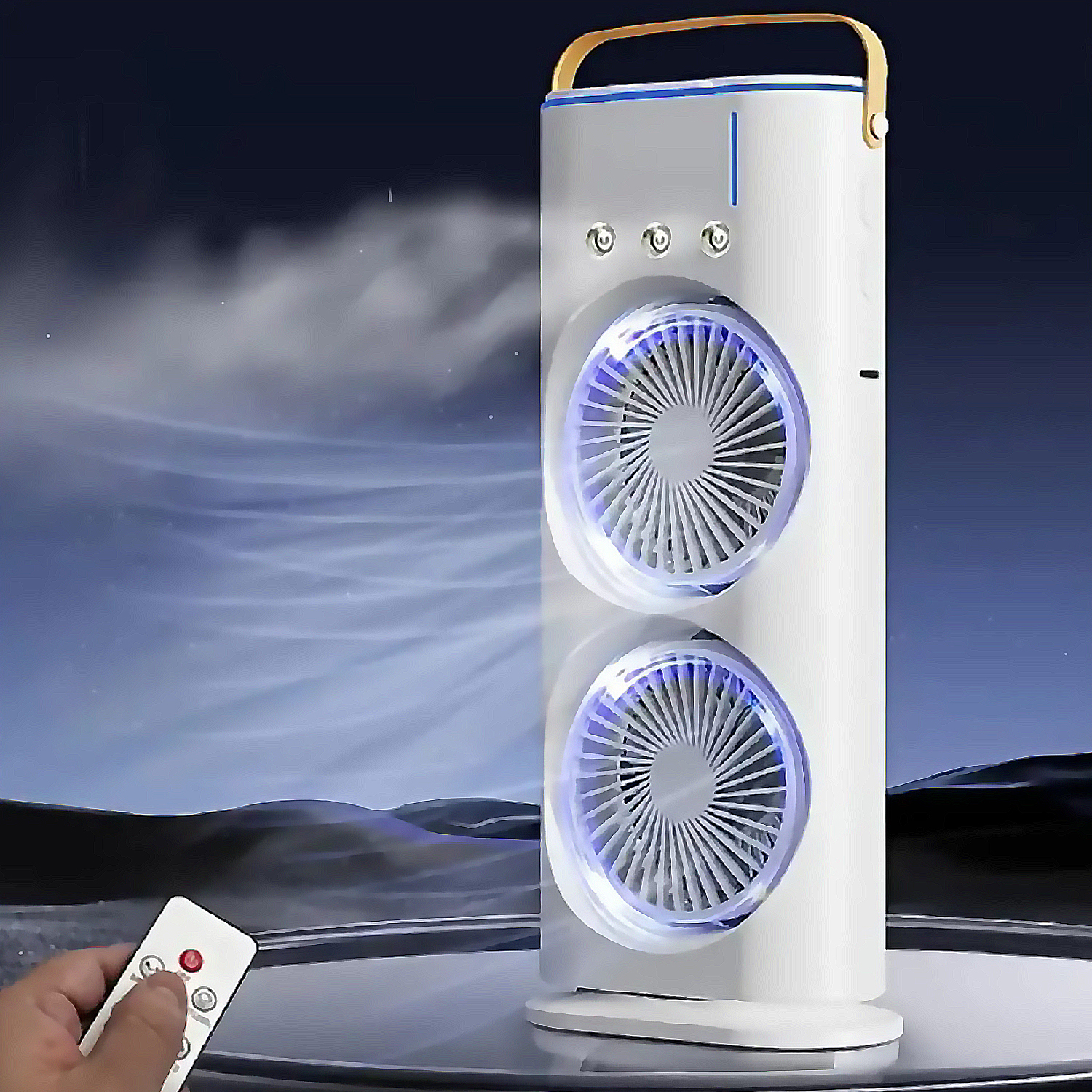 Un ventilador de torre blanco con dos ventiladores e iluminación azul, con control remoto.