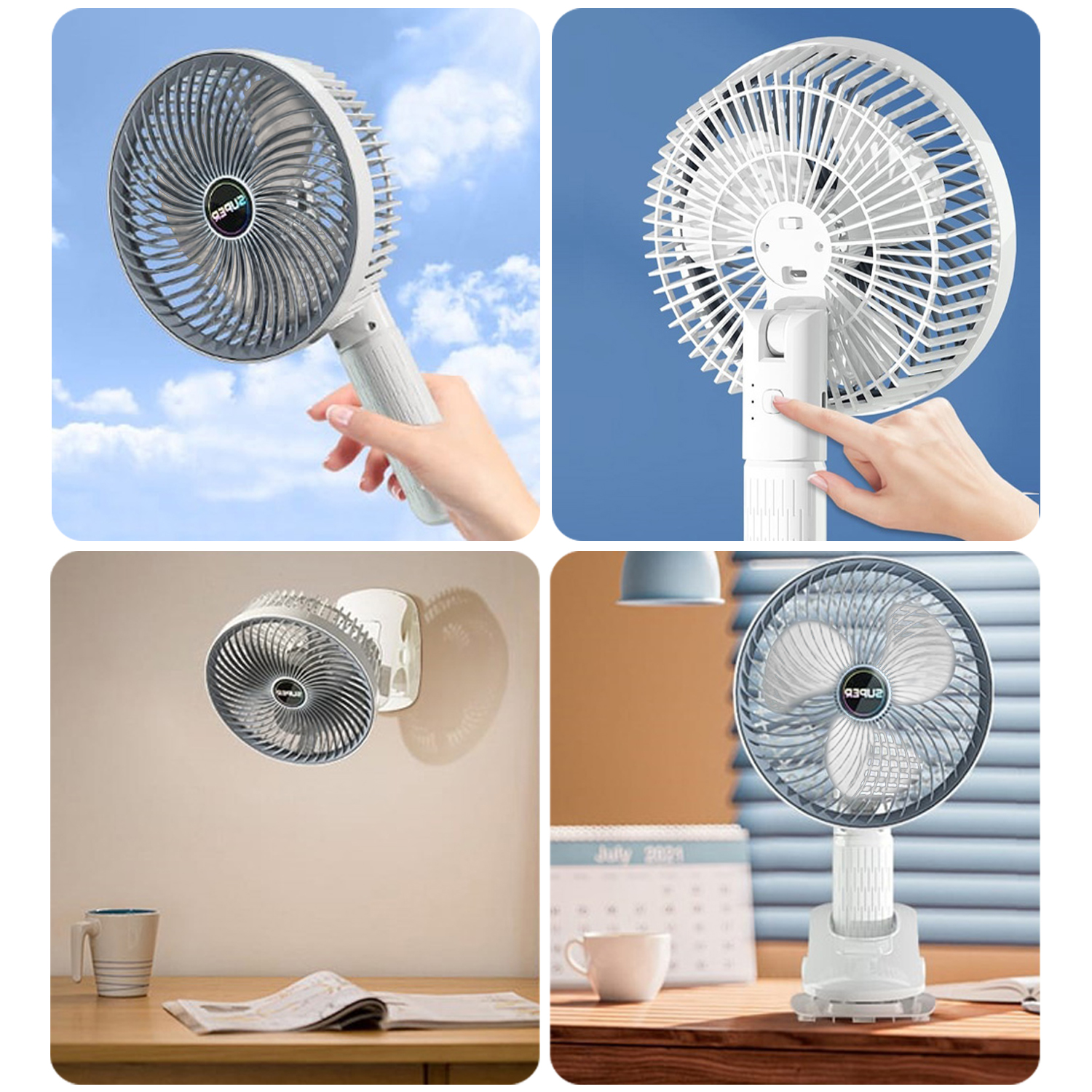 Quattro immagini mostrano un ventilatore portatile in diverse ambientazioni.